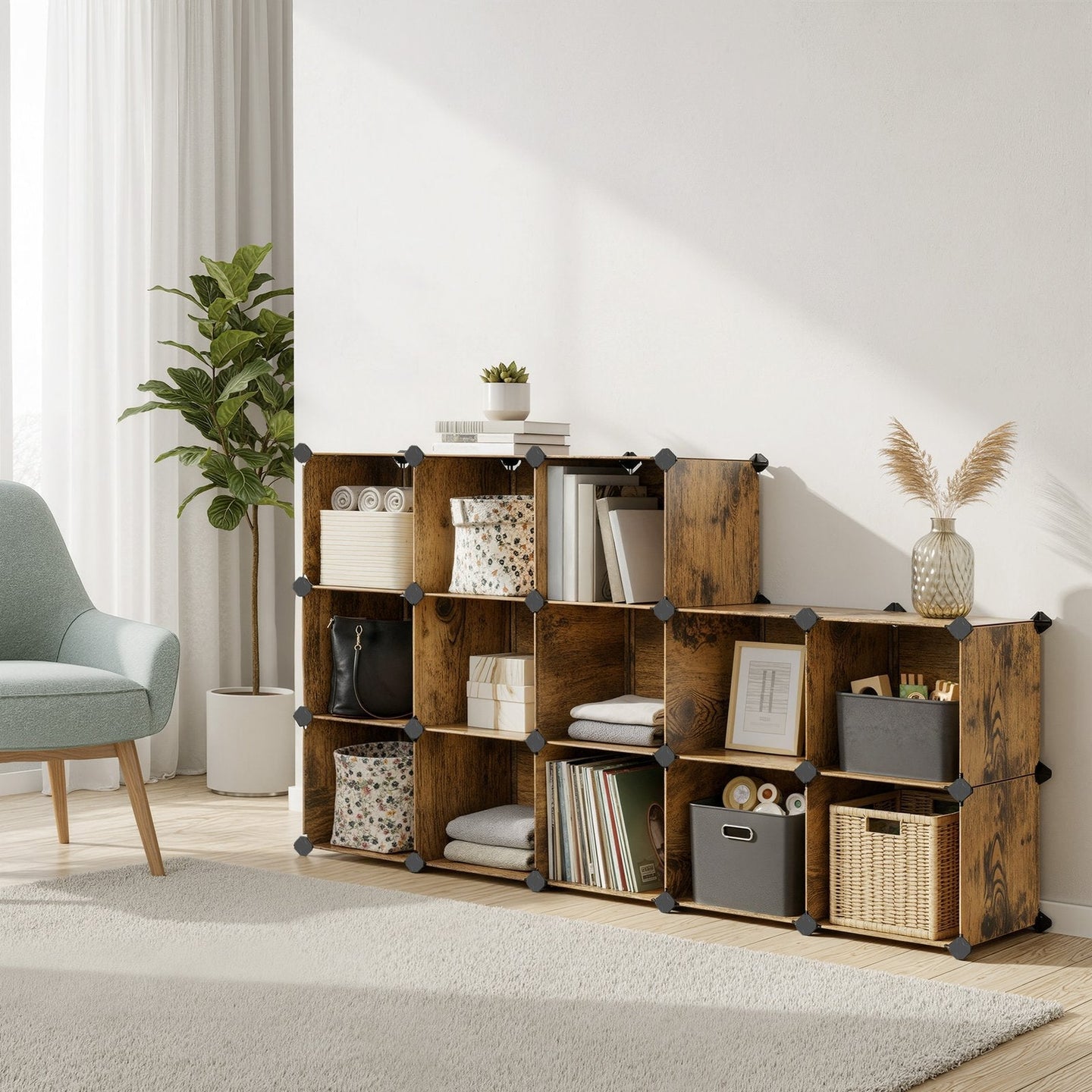 16-Cube Storage Organizer - PP Plastic - Rustic Brown - Stackable and Versatile Shelving System
