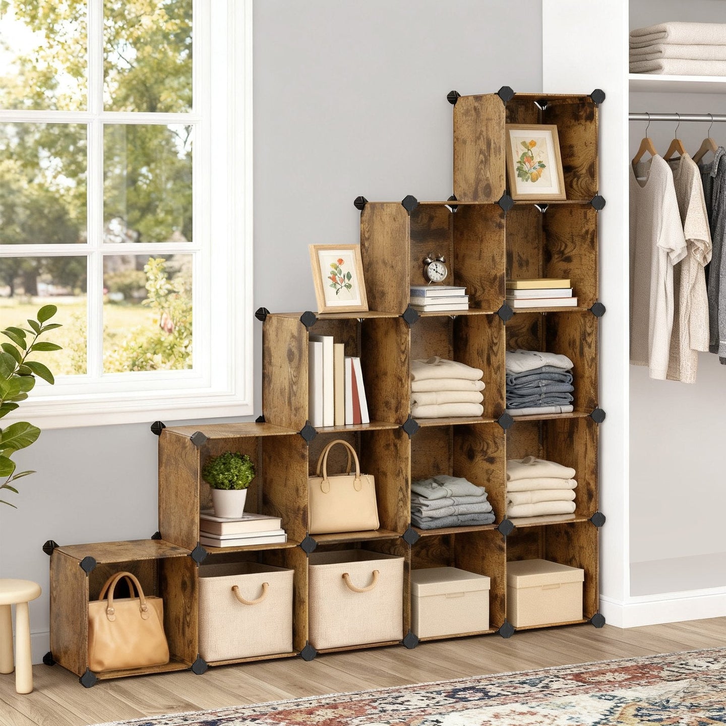 16-Cube Storage Organizer - PP Plastic - Rustic Brown - Stackable and Versatile Shelving System