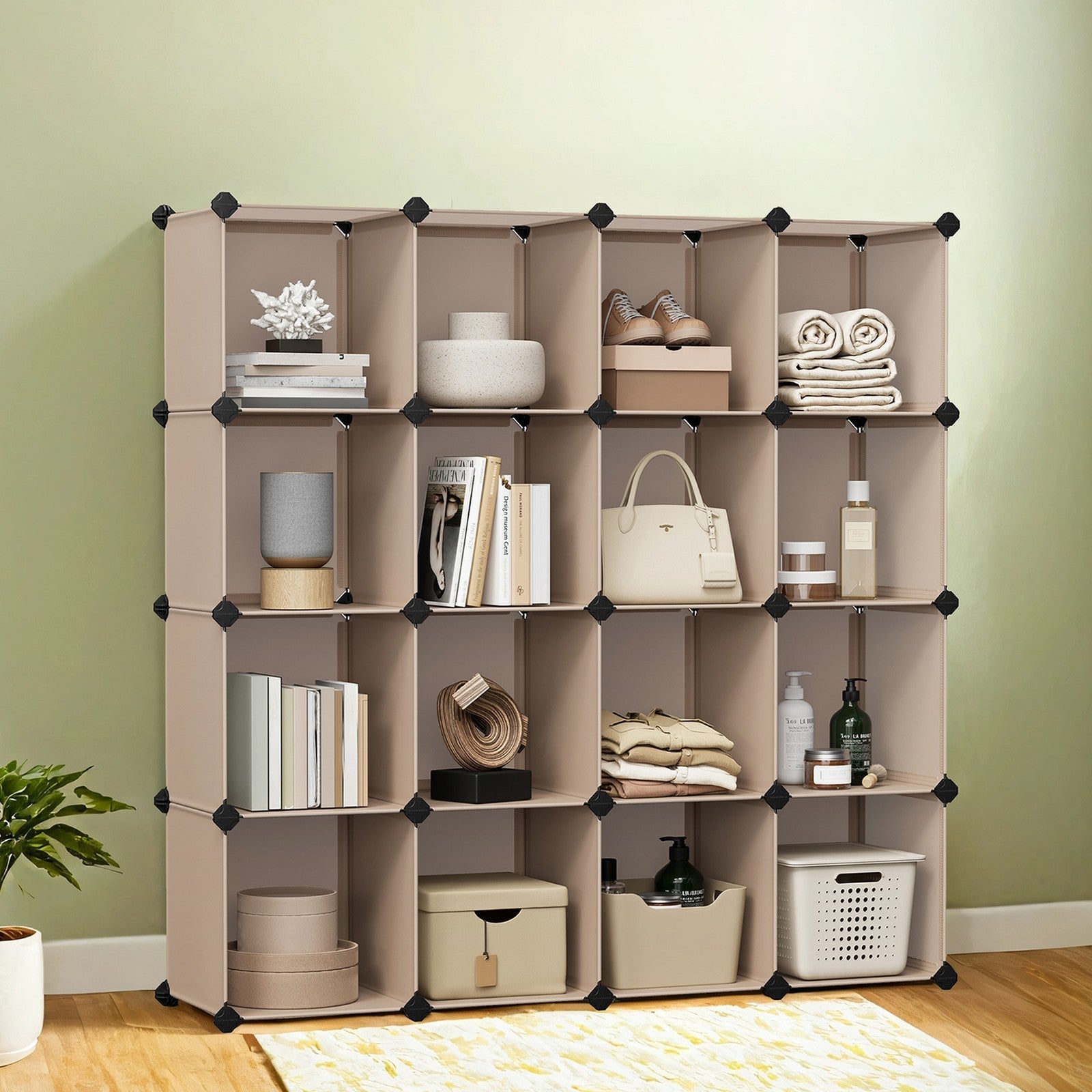 16-Cube Storage Organizer - PP Plastic - Rustic Brown - Stackable and Versatile Shelving System