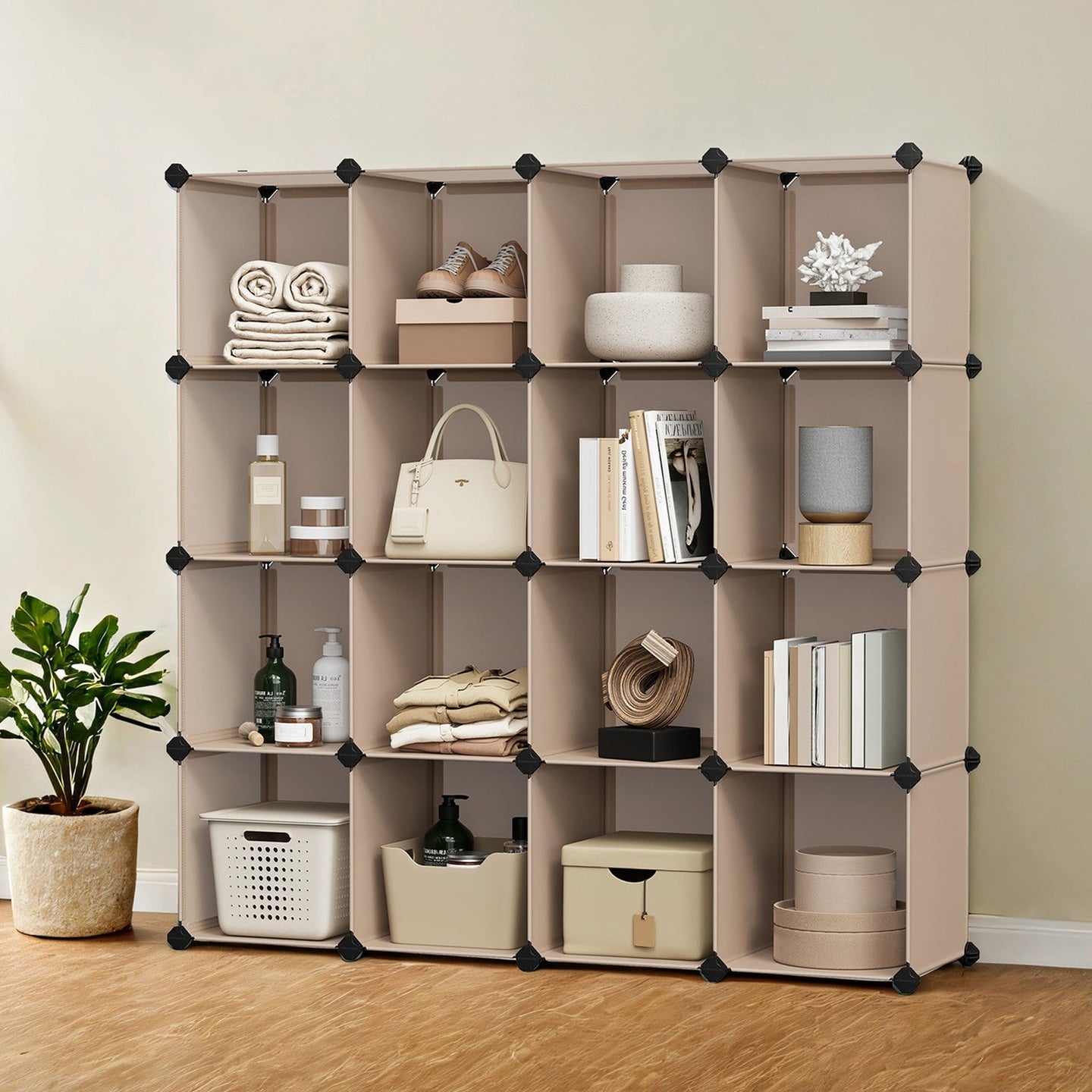 16-Cube Storage Organizer - PP Plastic - Rustic Brown - Stackable and Versatile Shelving System
