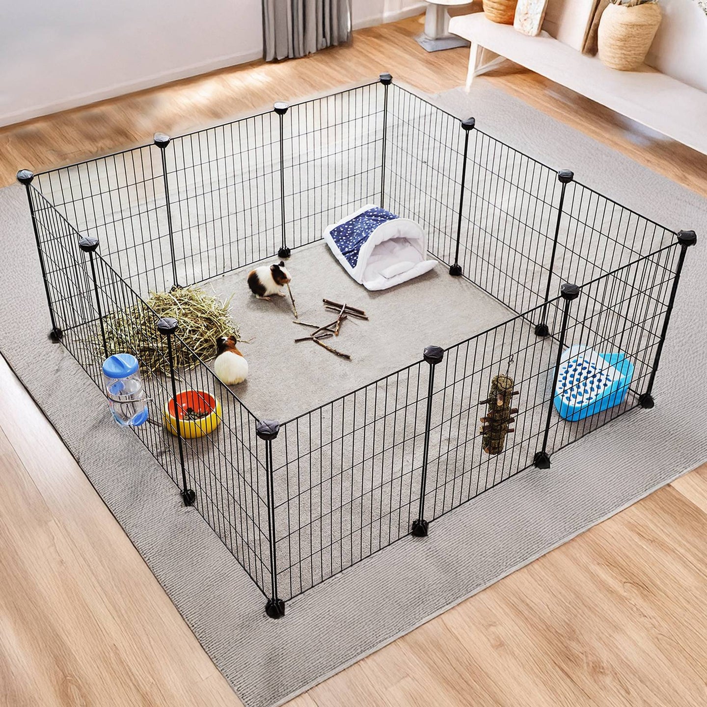 Guinea Pig Cage - Metal - Black - Expandable 12-Panel Indoor Playpen with Accessories