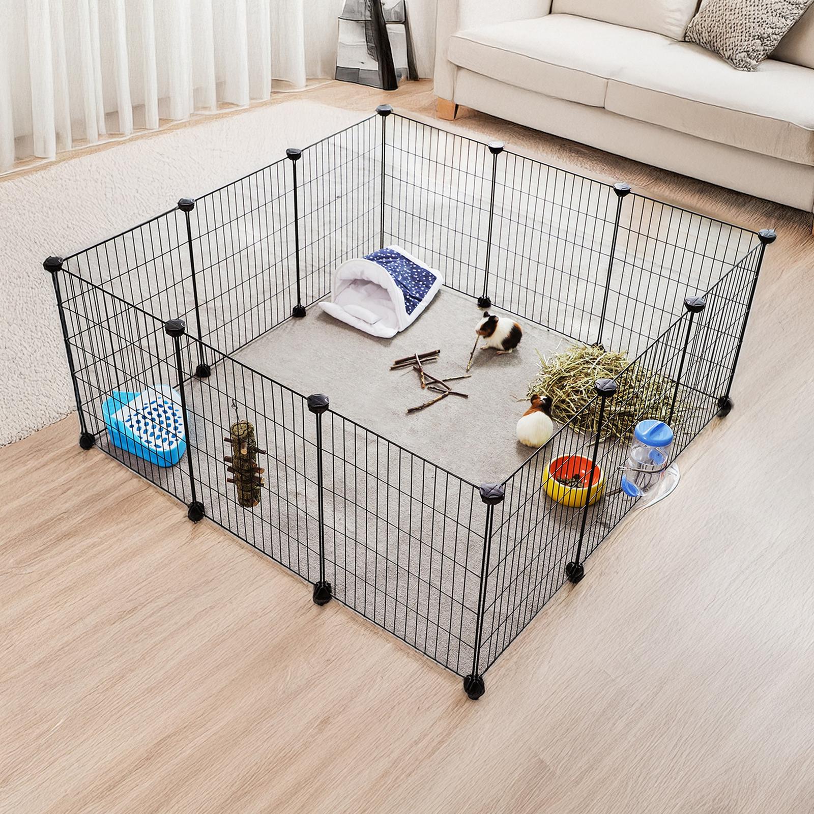 Guinea Pig Cage - Metal - Black - Expandable 12-Panel Indoor Playpen with Accessories