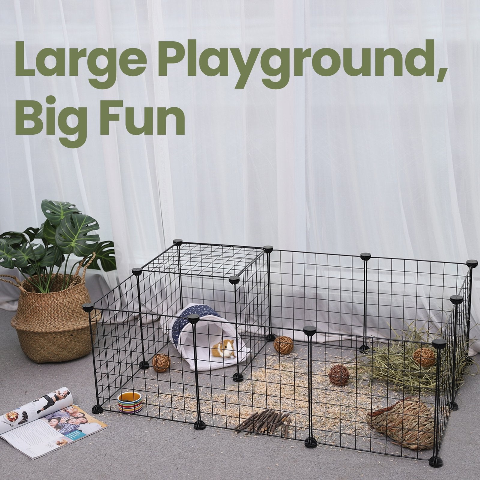 Guinea Pig Cage - Metal - Black - Expandable 12-Panel Indoor Playpen with Accessories