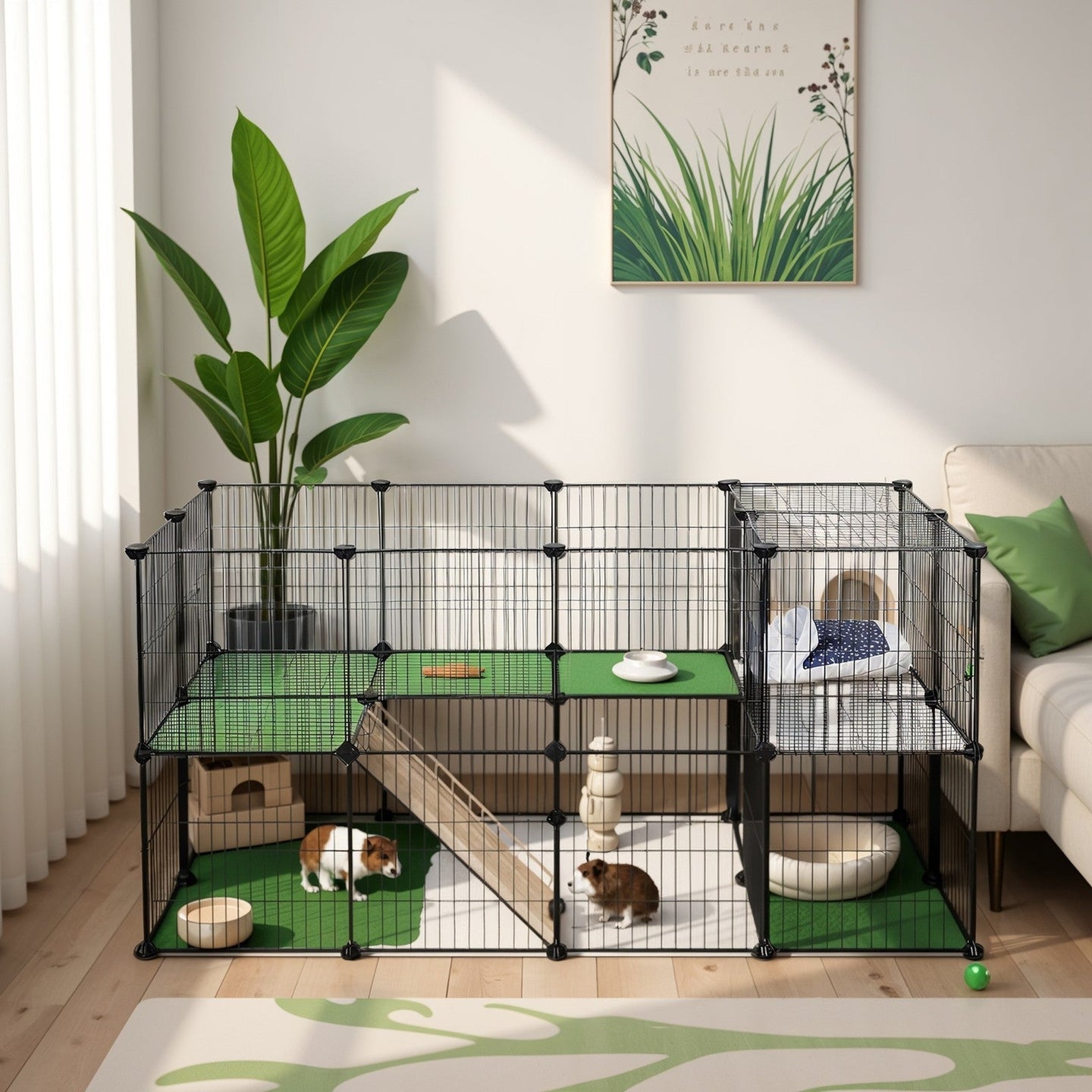 Small Animal Playpen - Metal - Black - Two Floors Customizable with Zip Ties Included
