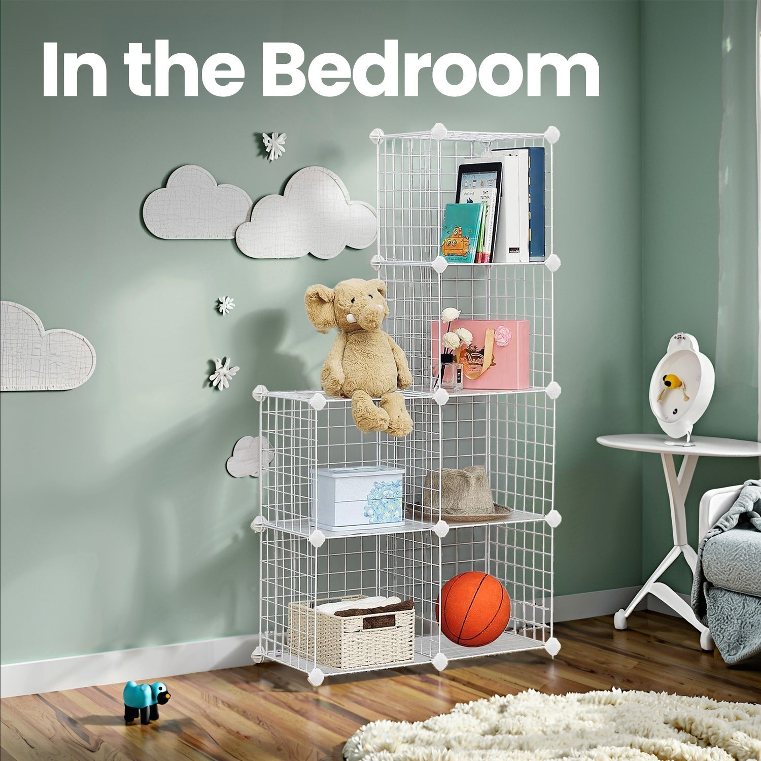 6-Compartment Storage Cabinet - Metal Wire - Black - Interlocking Shelving Unit with Free Rubber Mallet