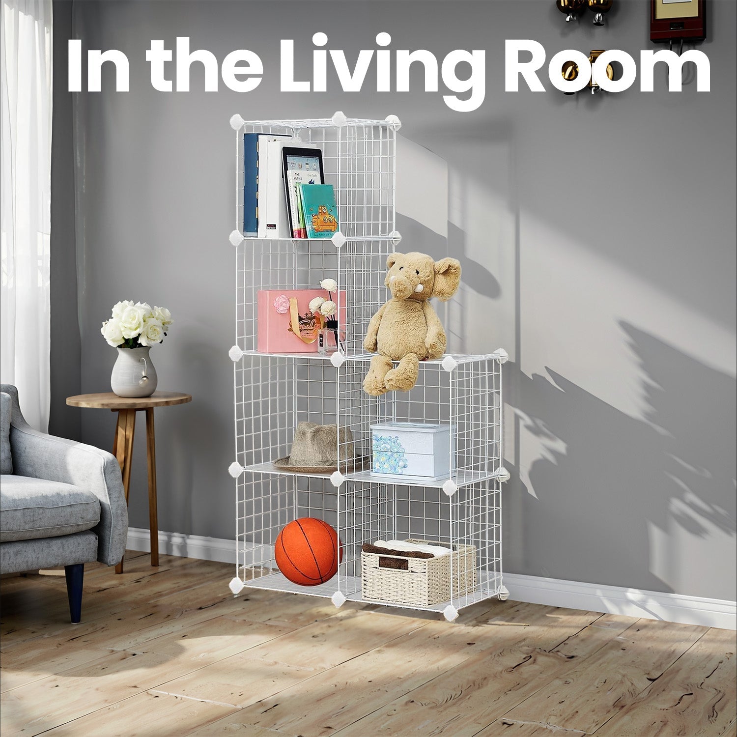 6-Compartment Storage Cabinet - Metal Wire - Black - Interlocking Shelving Unit with Free Rubber Mallet