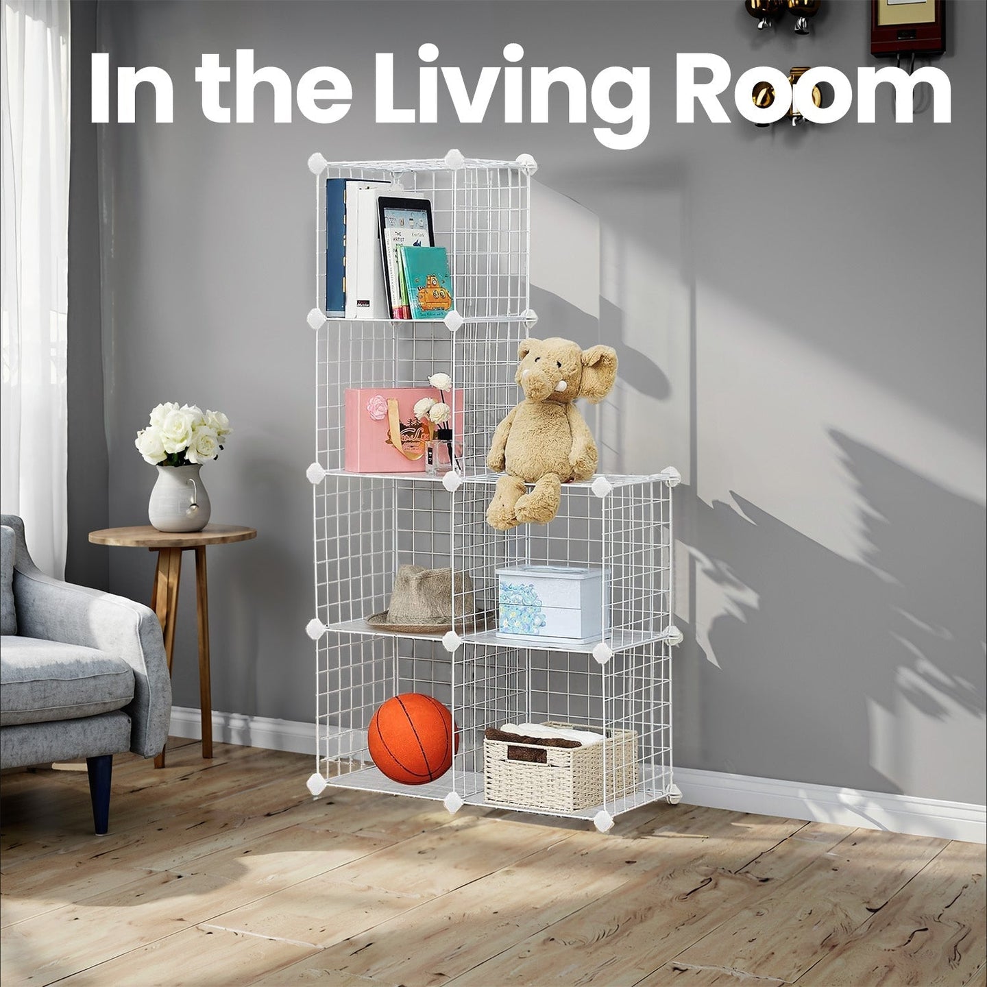 6-Compartment Storage Cabinet - Metal Wire - Black - Interlocking Shelving Unit with Free Rubber Mallet