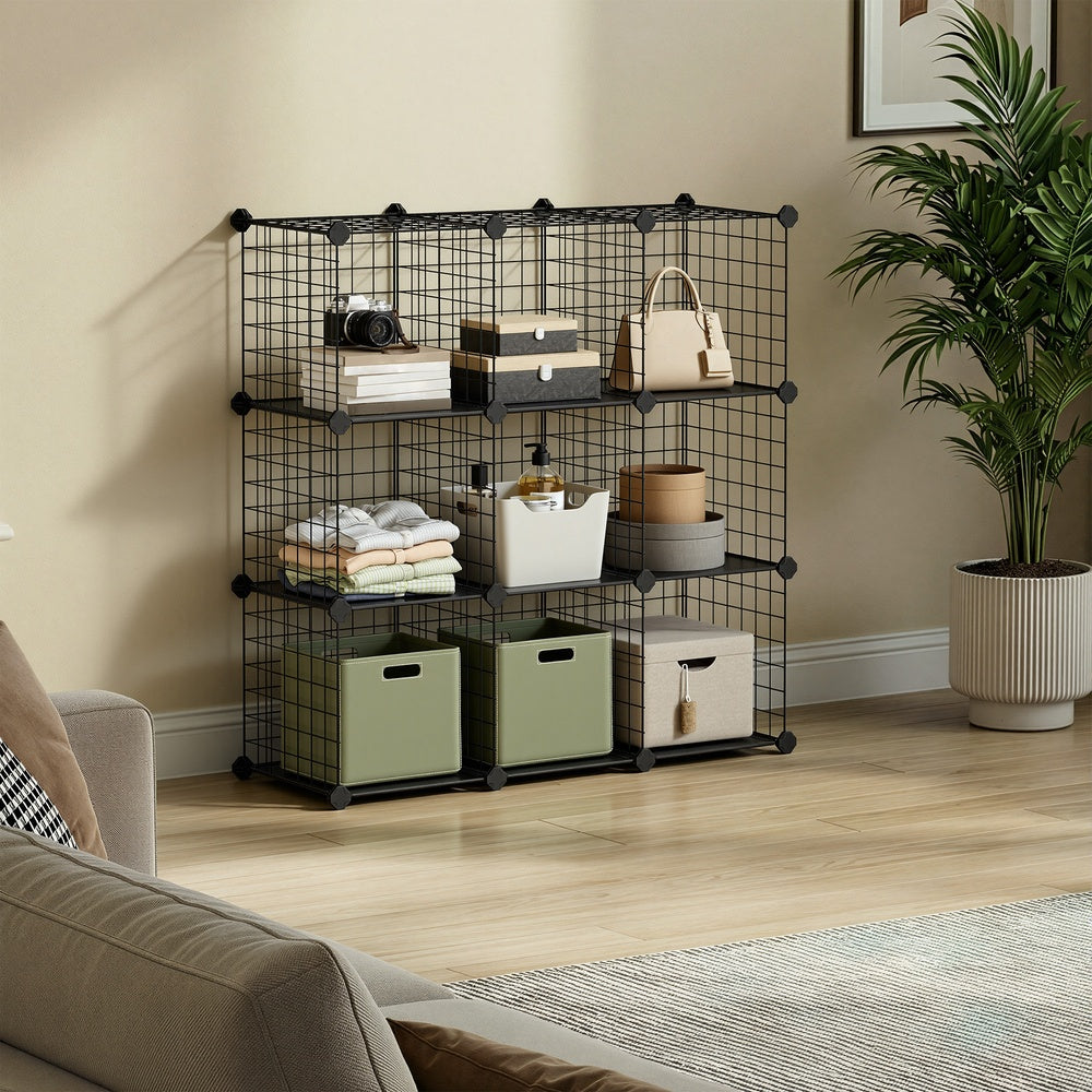 9-Cube Wire Grid Storage Rack - 243L - Metal Mesh - Interlocking Shelves