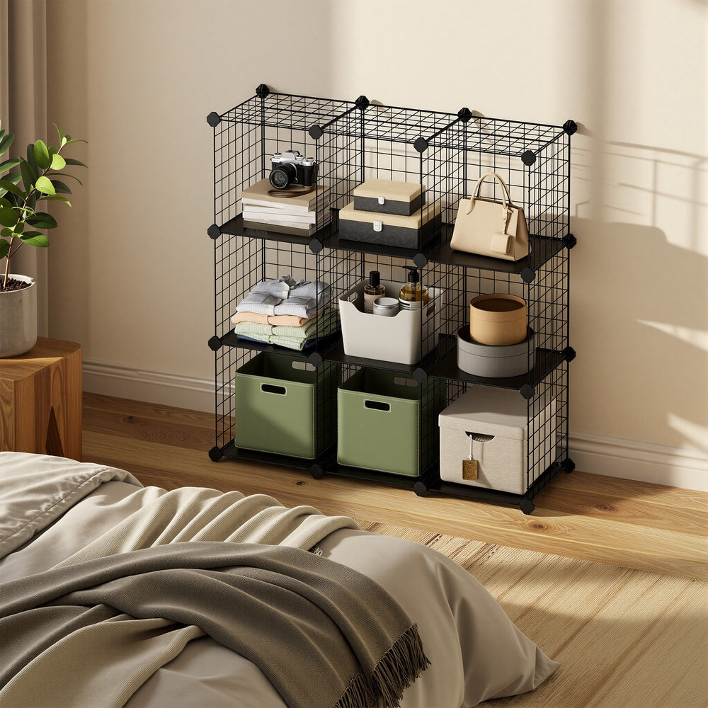 9-Cube Wire Grid Storage Rack - 243L - Metal Mesh - Interlocking Shelves