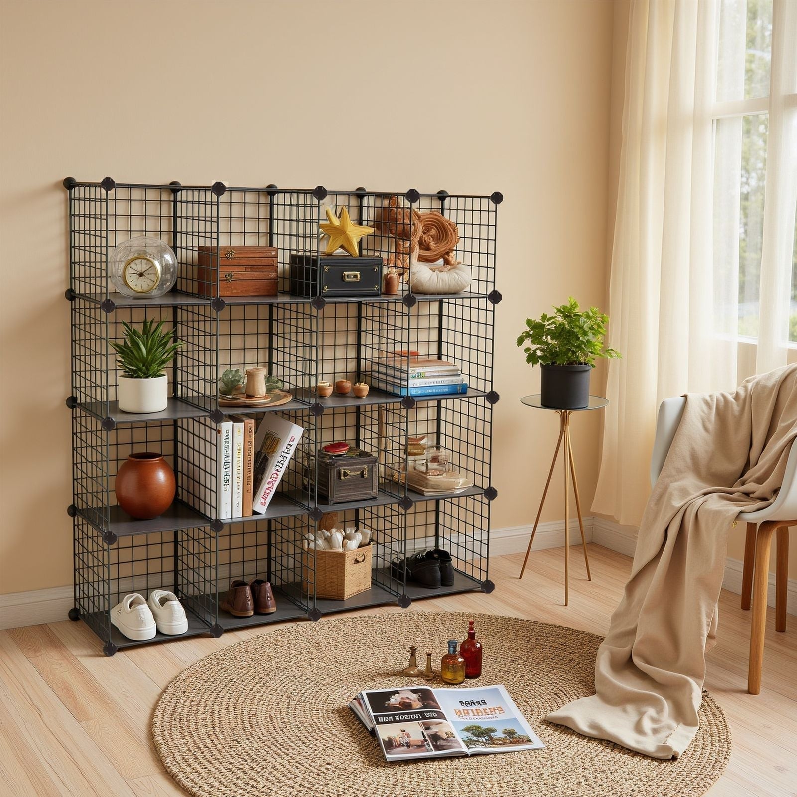 Modular Wire Grid Shelving System - Metal Mesh - White - Customizable Storage Cabinet with 16 Cubes