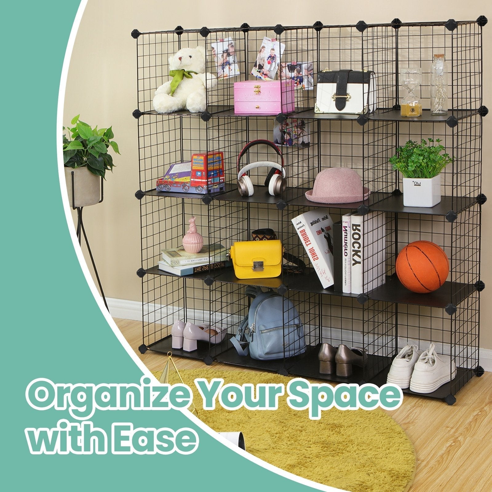 Modular Wire Grid Shelving System - Metal Mesh - White - Customizable Storage Cabinet with 16 Cubes
