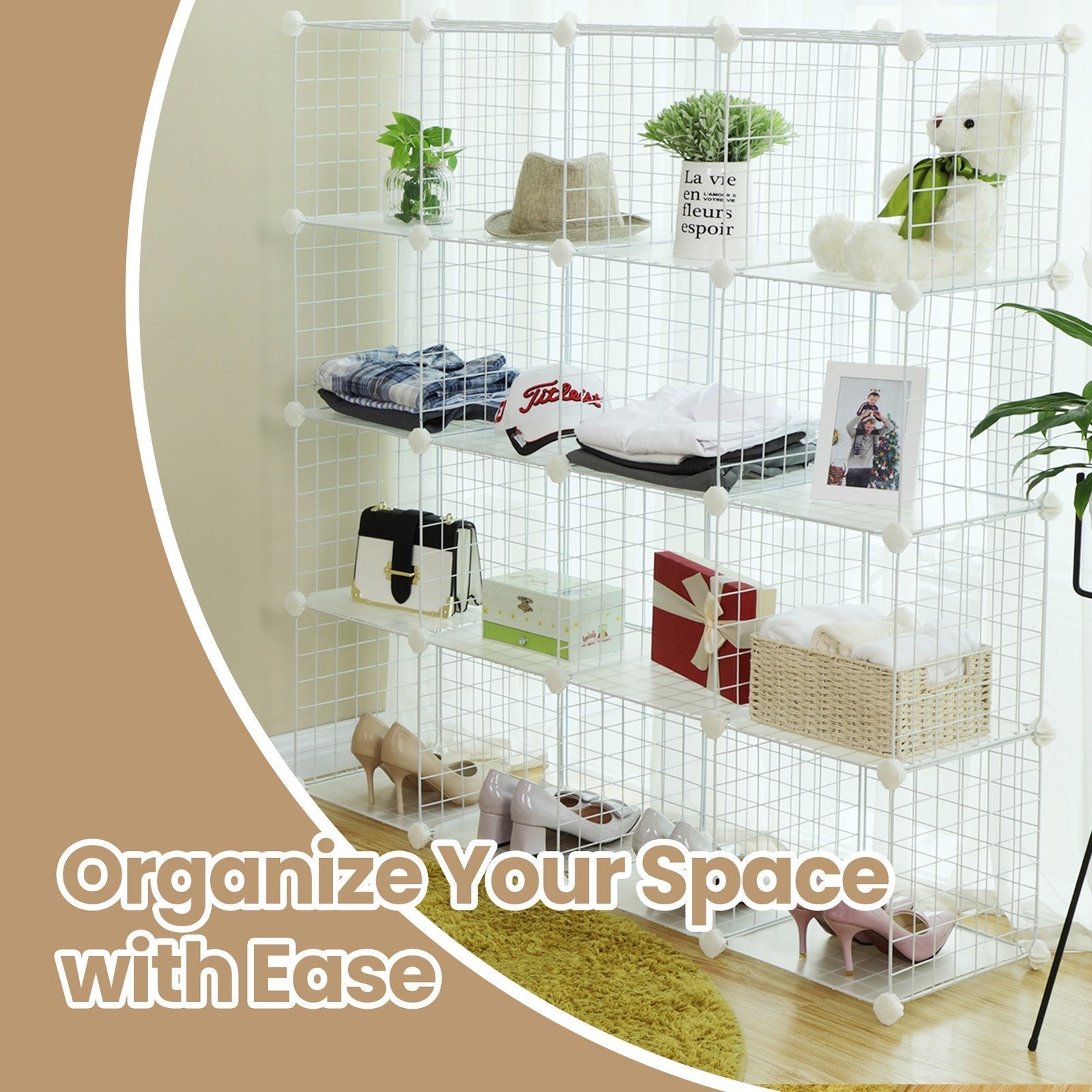 Modular Wire Grid Shelving System - Metal Mesh - White - Customizable Storage Cabinet with 16 Cubes