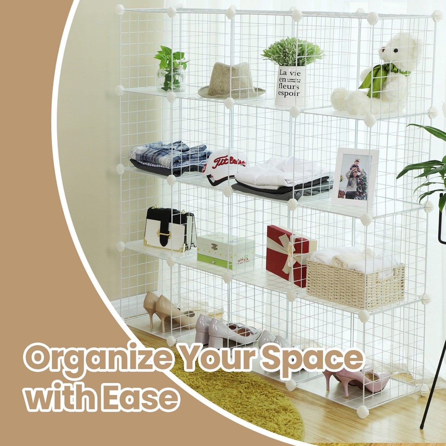 Modular Wire Grid Shelving System - Metal Mesh - White - Customizable Storage Cabinet with 16 Cubes