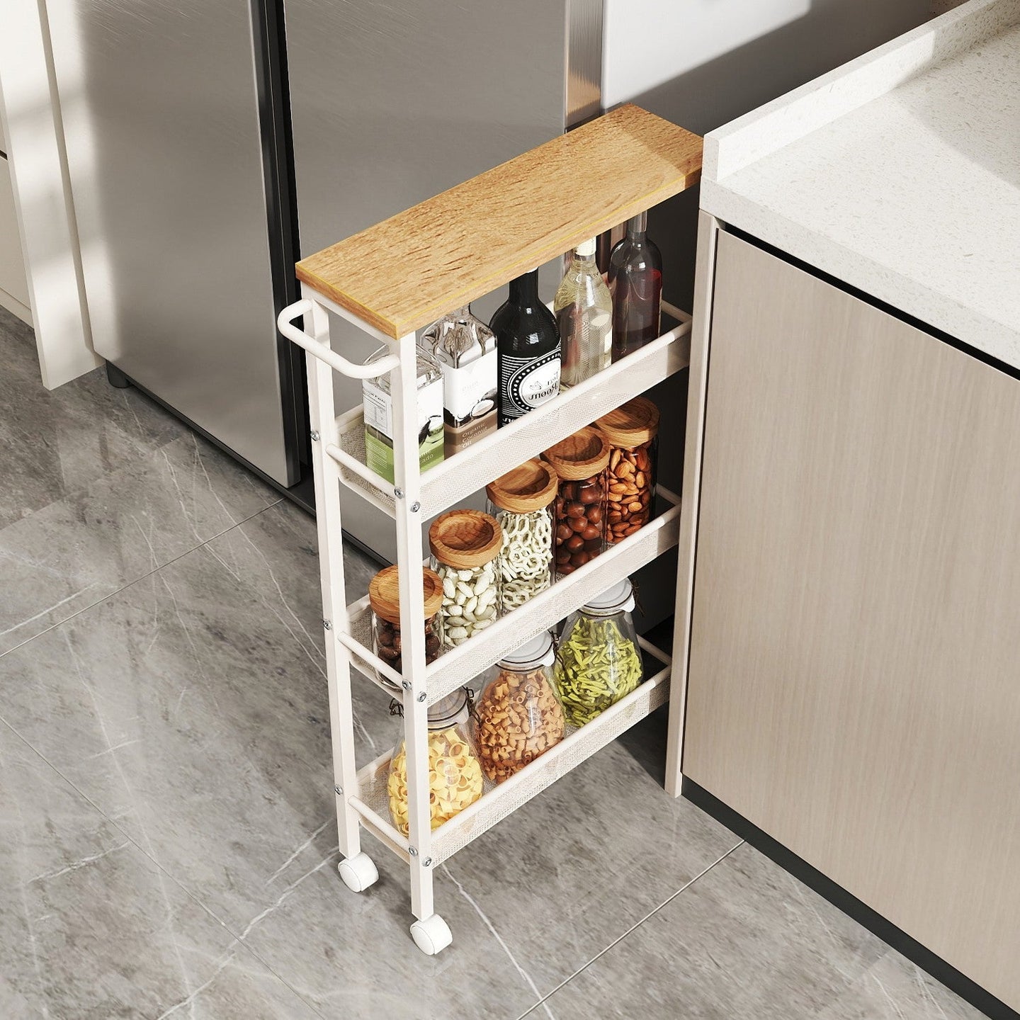 4-Tier Slim Rolling Cart - Oak Beige and White