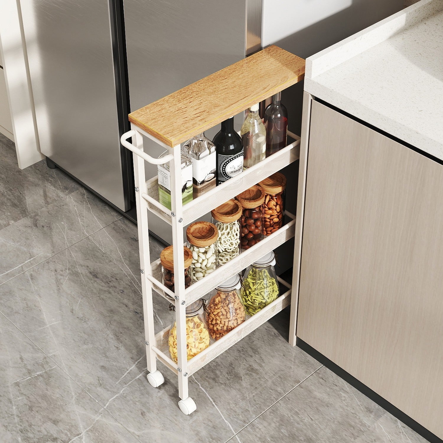 4-Tier Slim Rolling Cart - Oak Beige and White