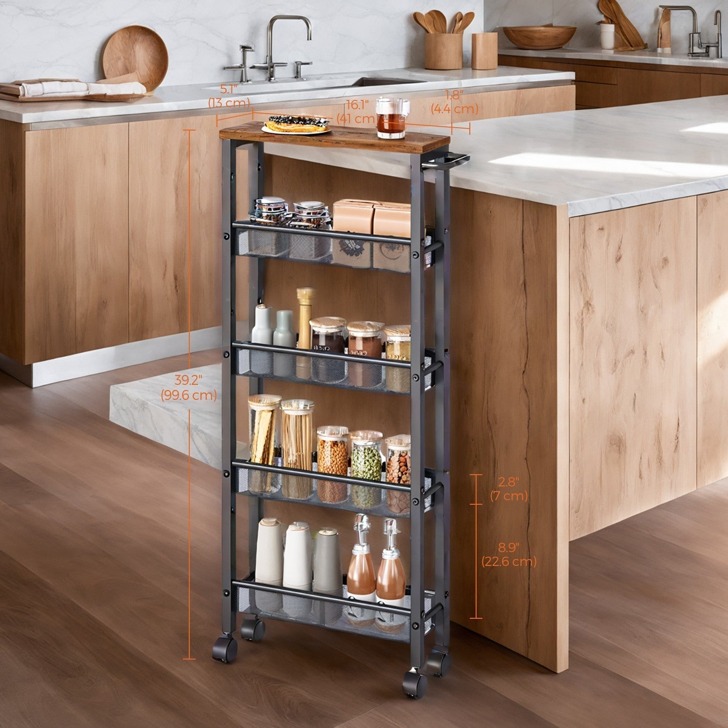 5-Tier Rolling Storage Cart - Metal Frame - Rustic Brown and Black - Slim Design with Handle