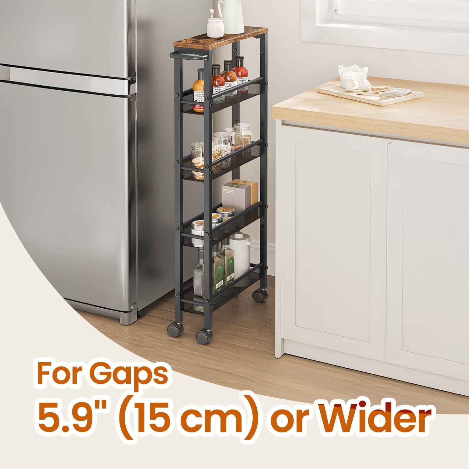 5-Tier Rolling Storage Cart - Metal Frame - Rustic Brown and Black - Slim Design with Handle