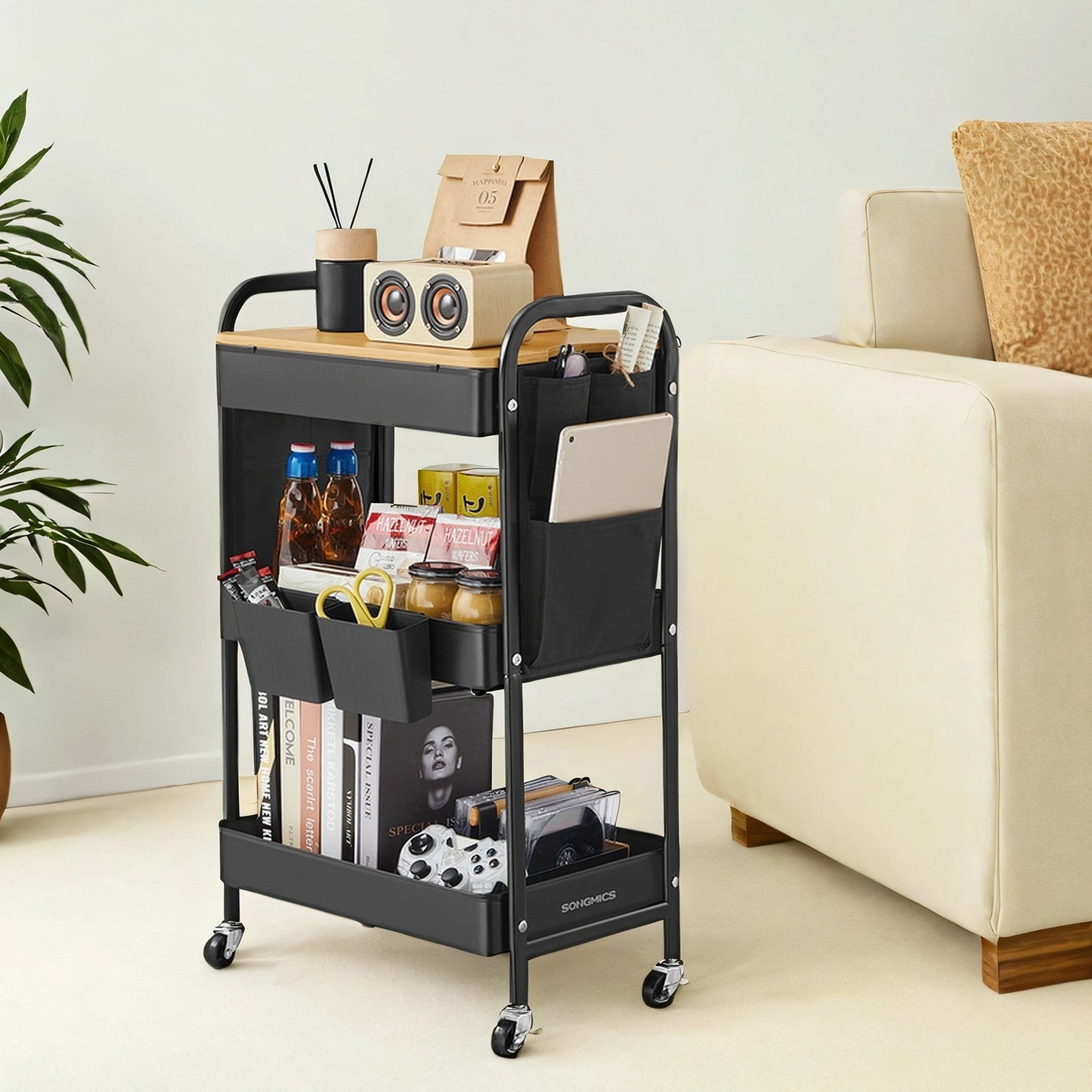 3-Tier Storage Trolley - Metal - Cloud White - Rolling Utility Cart with Table Top and Removable Hanging Cups