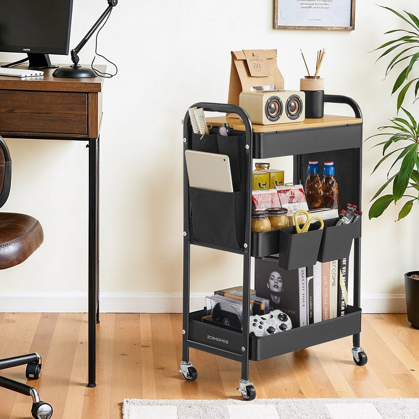 3-Tier Storage Trolley - Metal - Cloud White - Rolling Utility Cart with Table Top and Removable Hanging Cups