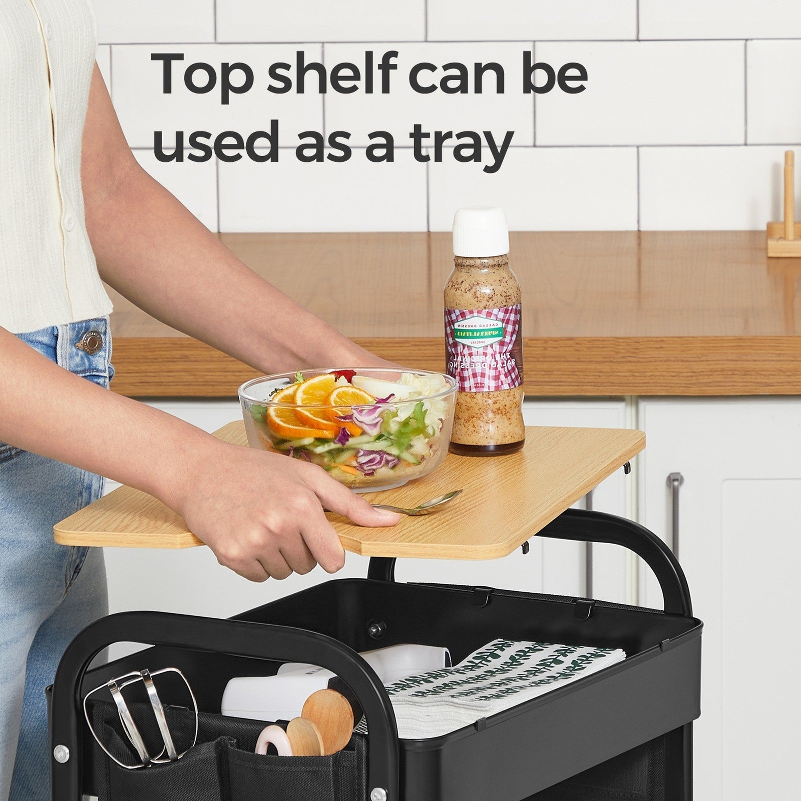 3-Tier Storage Trolley - Metal - Cloud White - Rolling Utility Cart with Table Top and Removable Hanging Cups