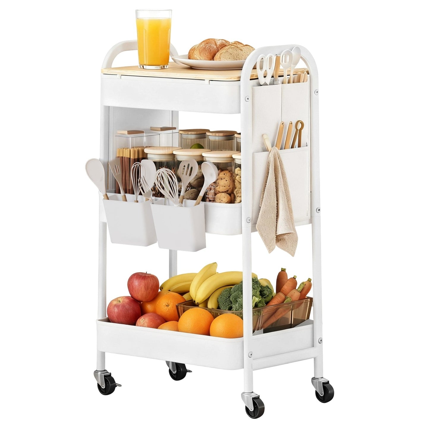 Utility Cart - Metal - Cloud White - 3-Tier with Tabletop and Removable Hanging Cups