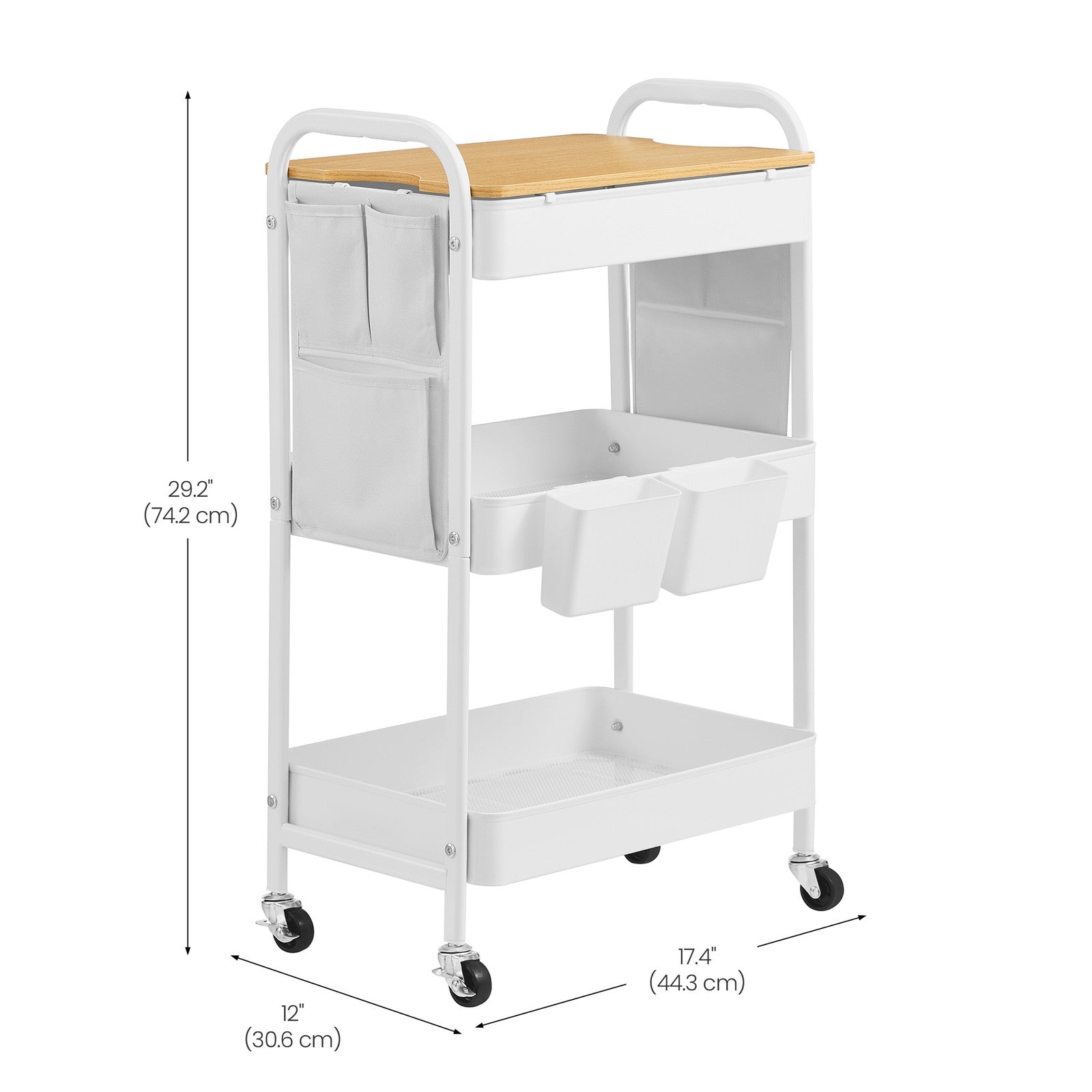 Utility Cart - Metal - Cloud White - 3-Tier with Tabletop and Removable Hanging Cups