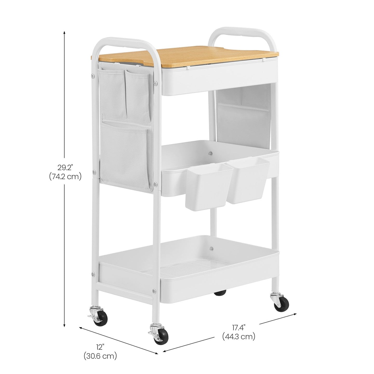 Utility Cart - Metal - Cloud White - 3-Tier with Tabletop and Removable Hanging Cups