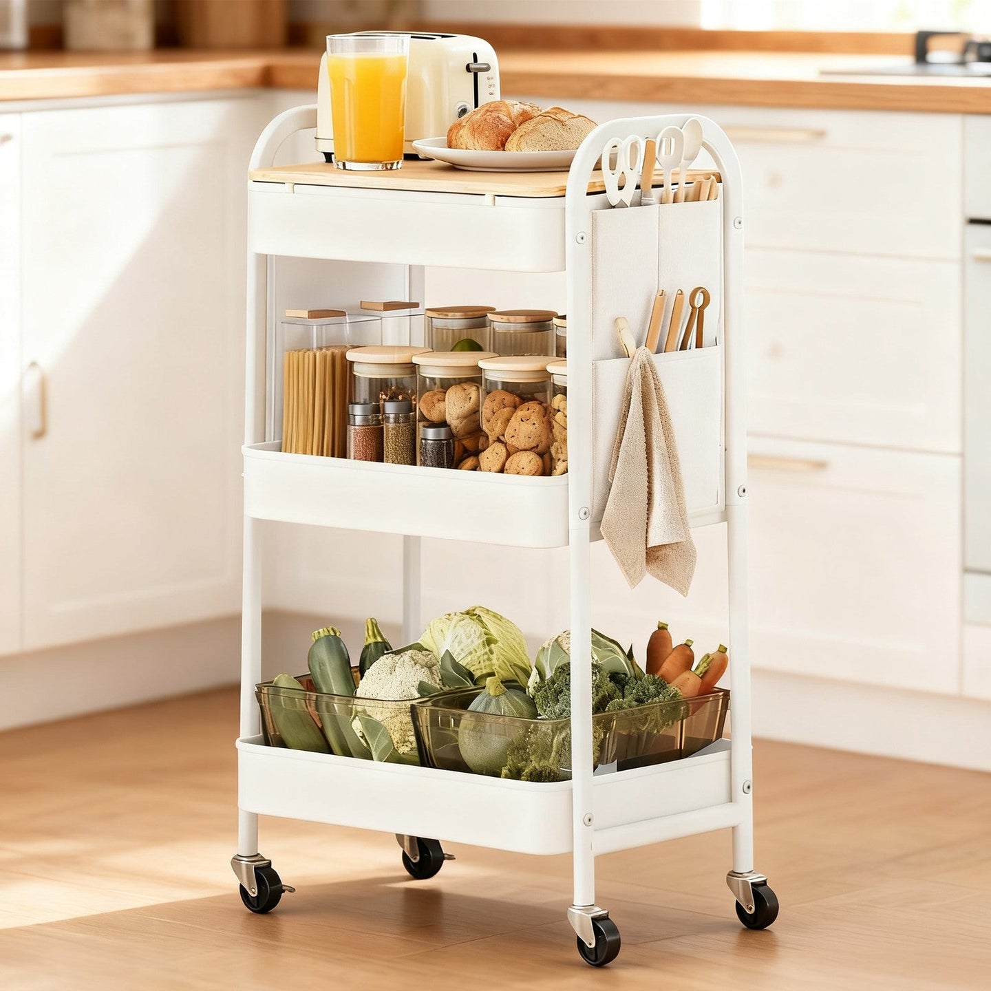 Utility Cart - Metal - Cloud White - 3-Tier with Tabletop and Removable Hanging Cups