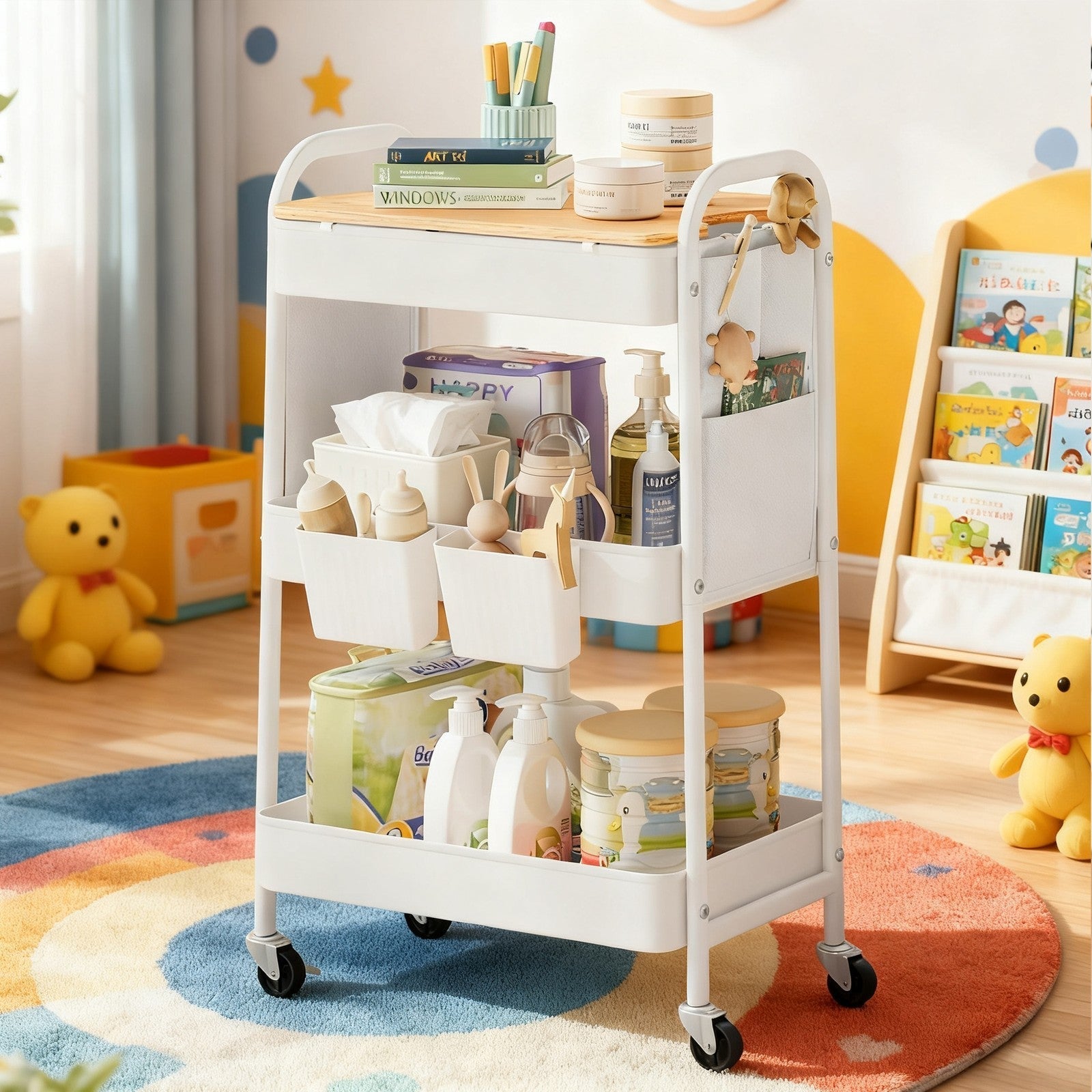 Utility Cart - Metal - Cloud White - 3-Tier with Tabletop and Removable Hanging Cups