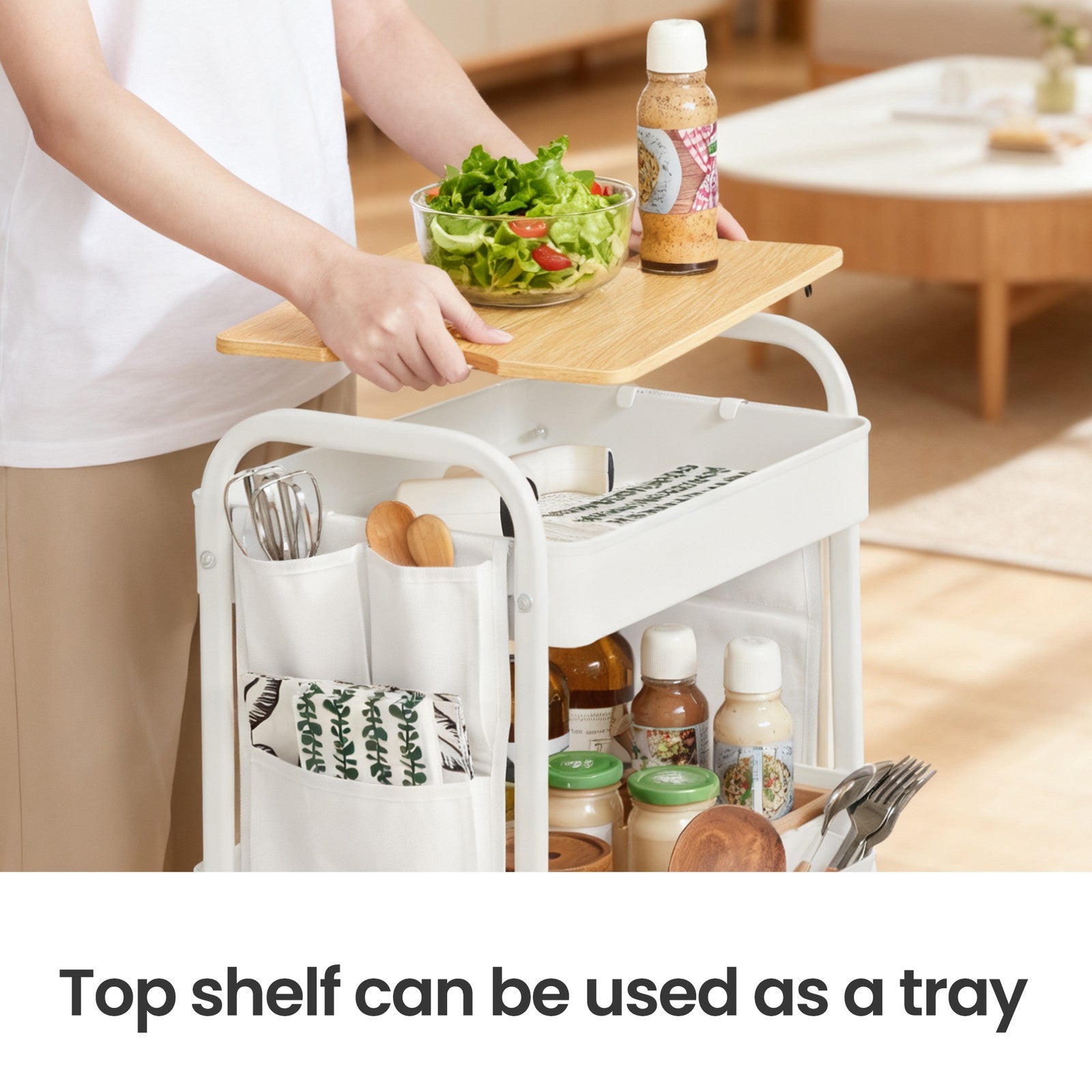 Utility Cart - Metal - Cloud White - 3-Tier with Tabletop and Removable Hanging Cups