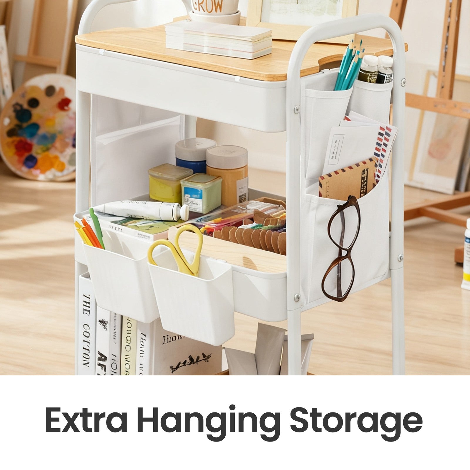 Utility Cart - Metal - Cloud White - 3-Tier with Tabletop and Removable Hanging Cups