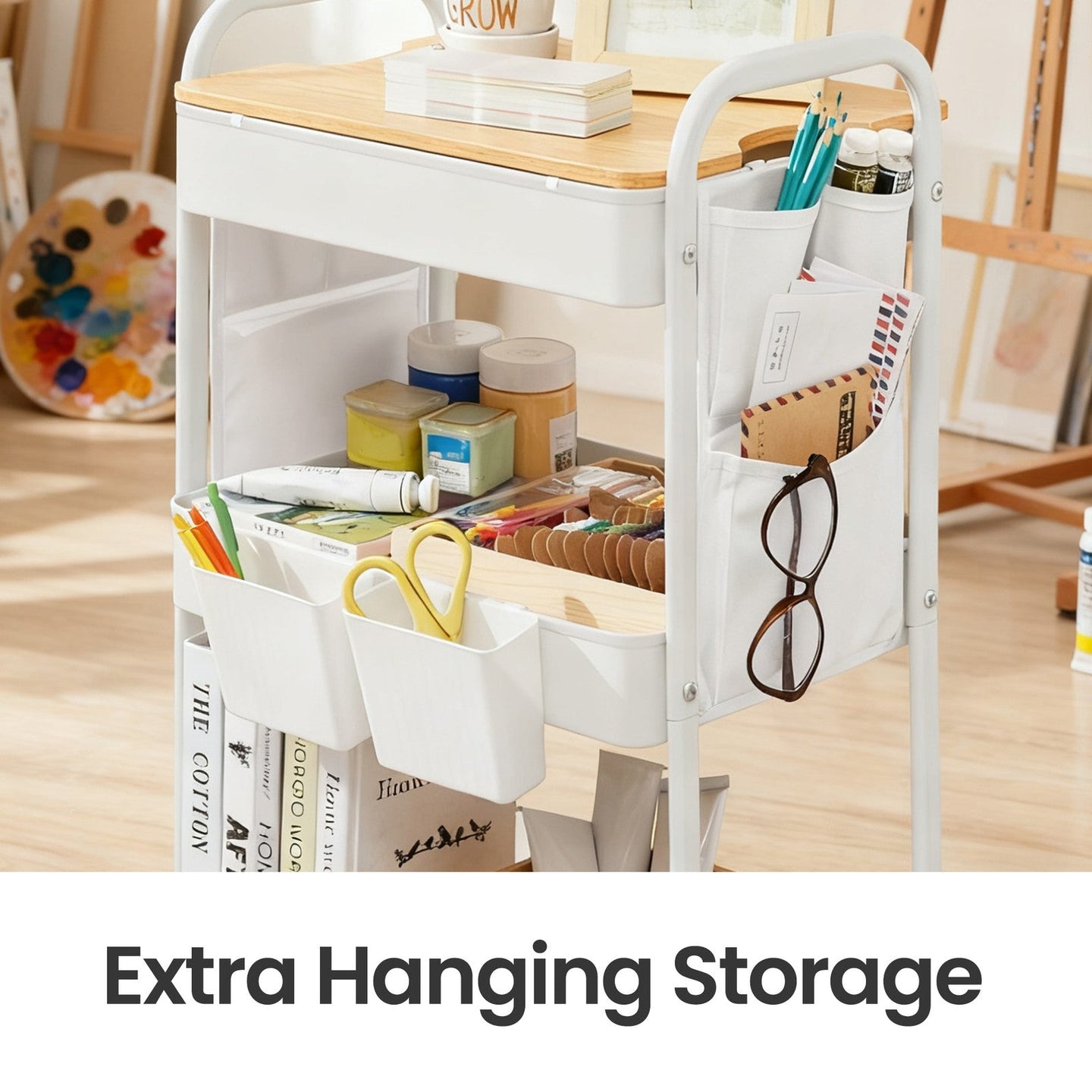 Utility Cart - Metal - Cloud White - 3-Tier with Tabletop and Removable Hanging Cups