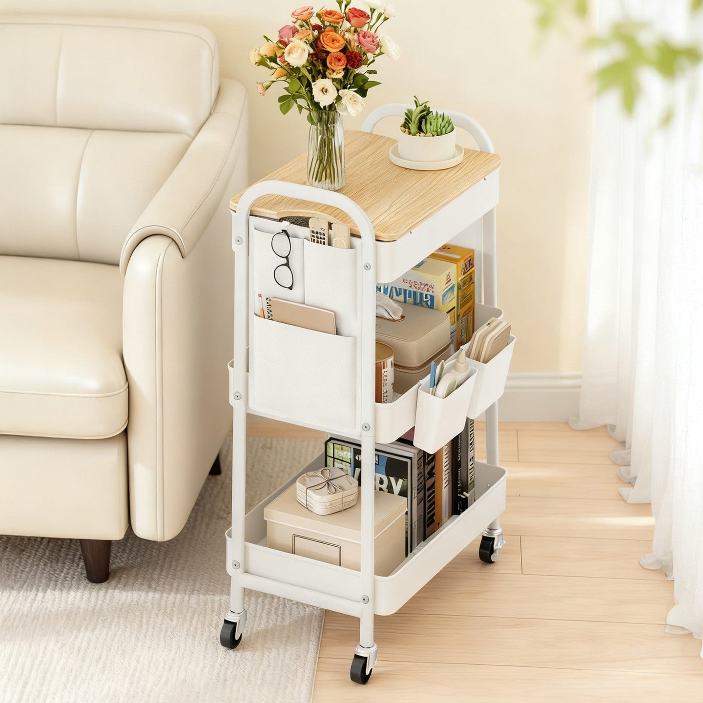 Utility Cart - Metal - Cloud White - 3-Tier with Tabletop and Removable Hanging Cups