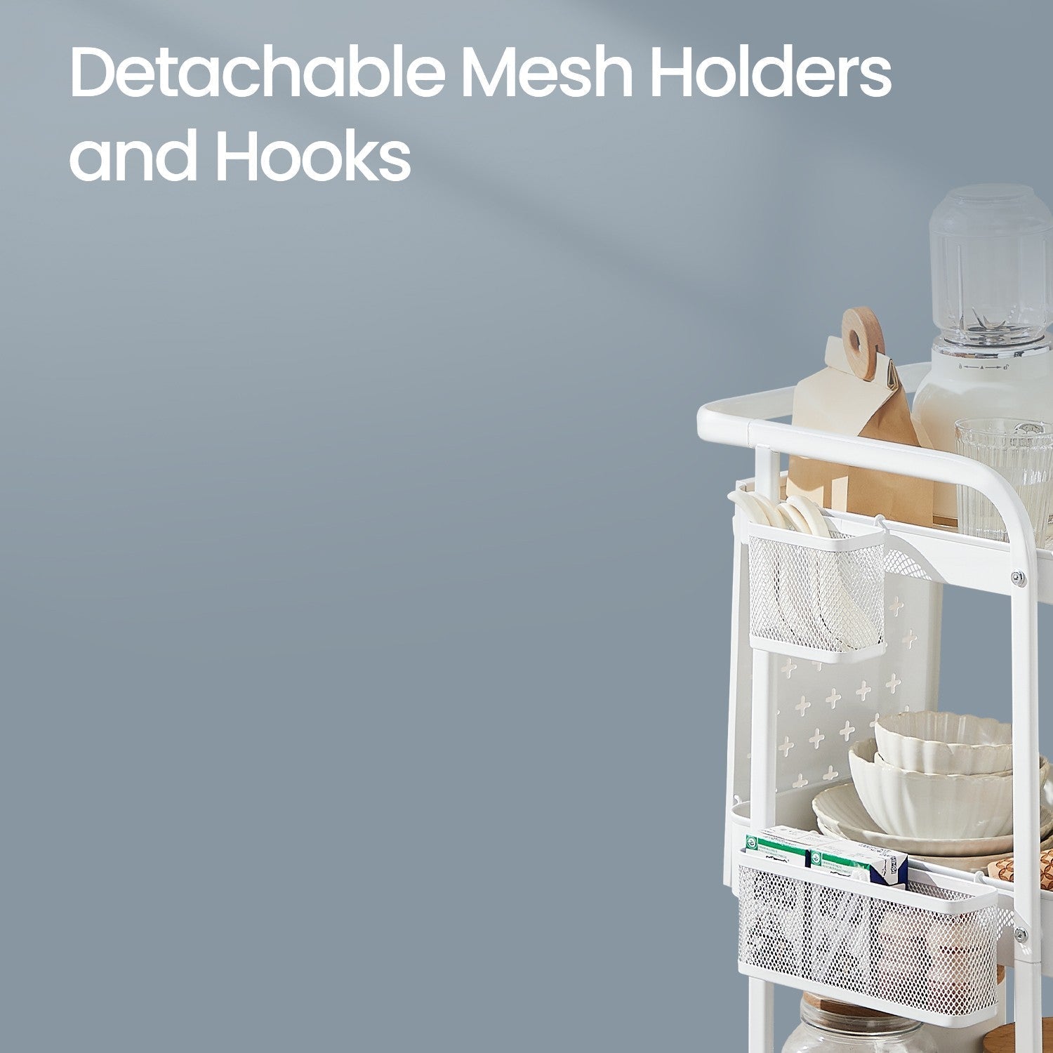 Rolling Utility Cart - Metal Mesh - Cloud White - 3-Tier with Removable Pegboards