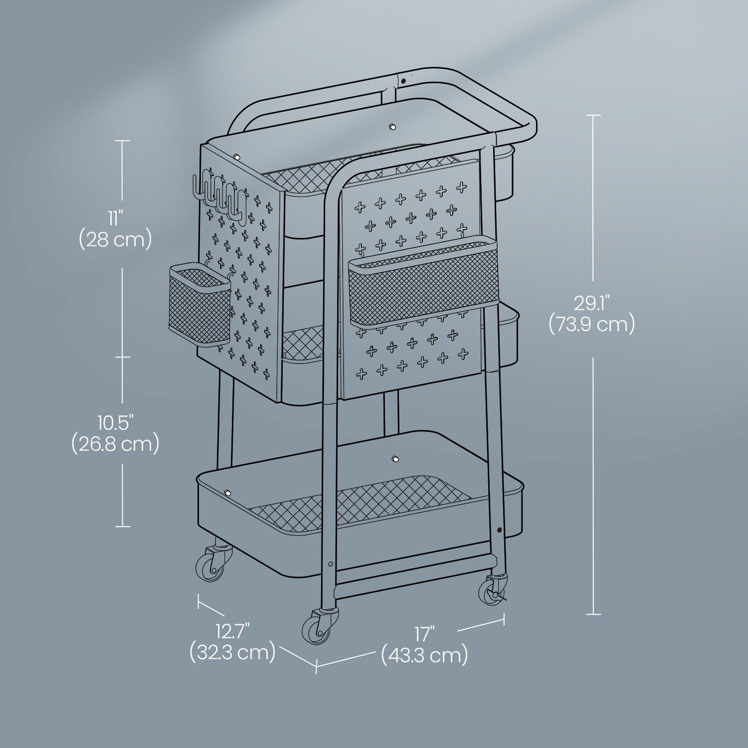 Rolling Utility Cart - Metal Mesh - Cloud White - 3-Tier with Removable Pegboards