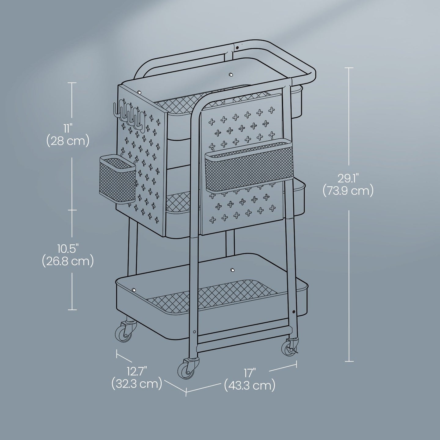 Rolling Utility Cart - Metal Mesh - Cloud White - 3-Tier with Removable Pegboards