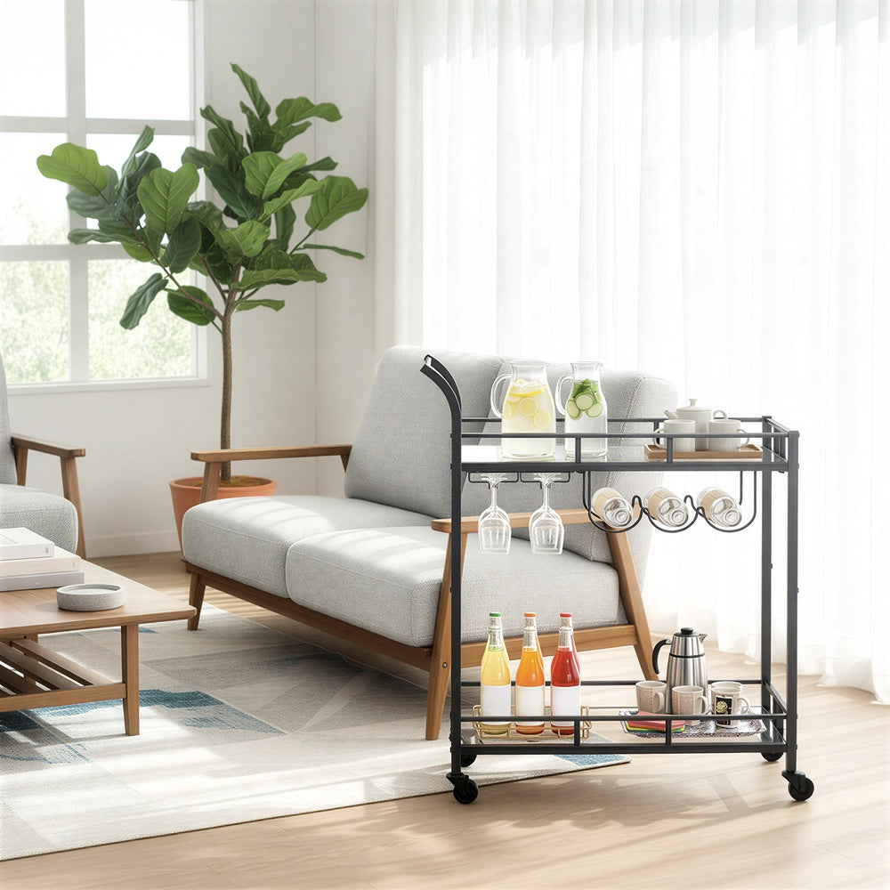 Bar Cart, Home Bar Serving Cart - Steel and Mirrored Glass - Black
