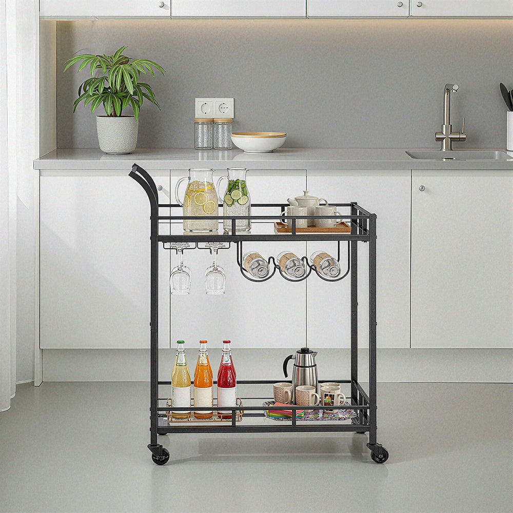 Bar Cart, Home Bar Serving Cart - Steel and Mirrored Glass - Black