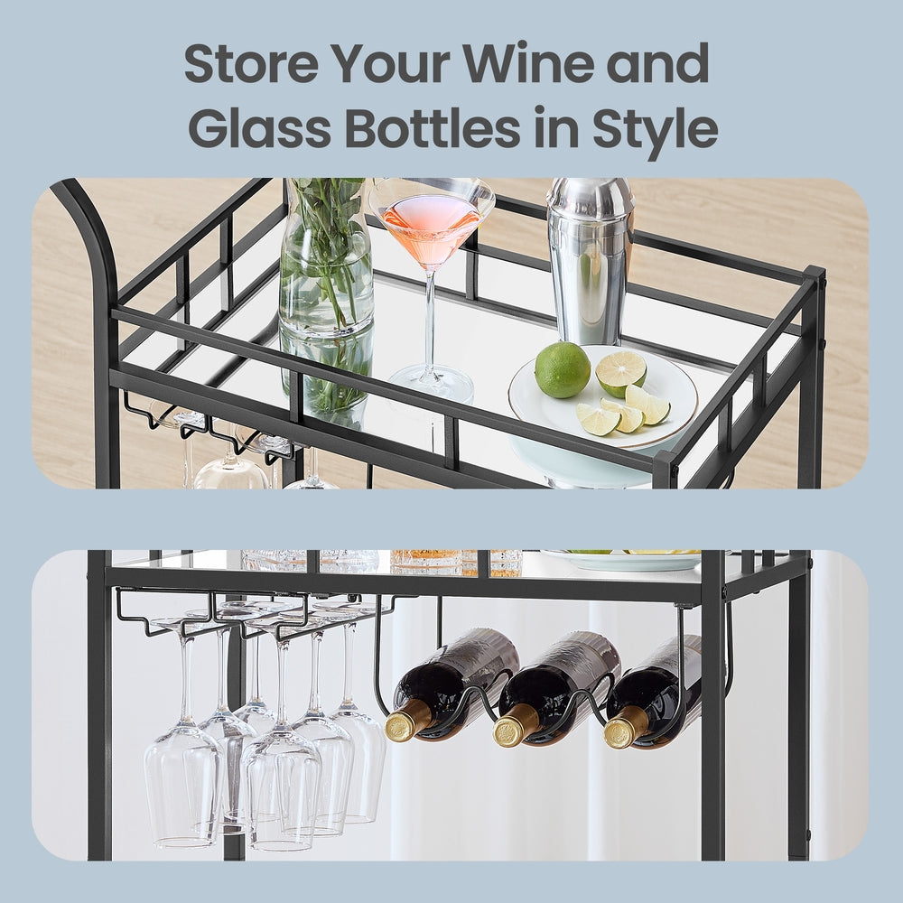 Bar Cart, Home Bar Serving Cart - Steel and Mirrored Glass - Black