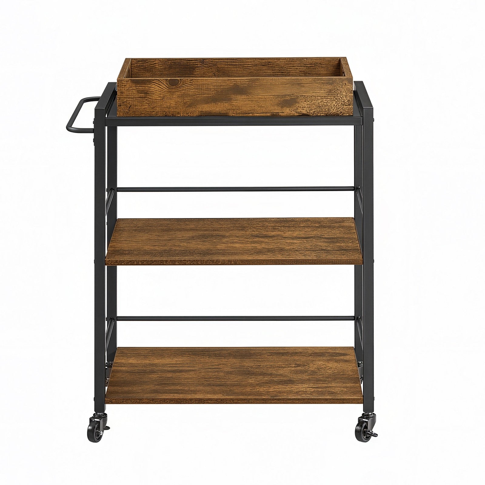 3-Tier Kitchen Trolley - Steel - Rustic Brown - Removable Serving Tray with Wheels and Brakes