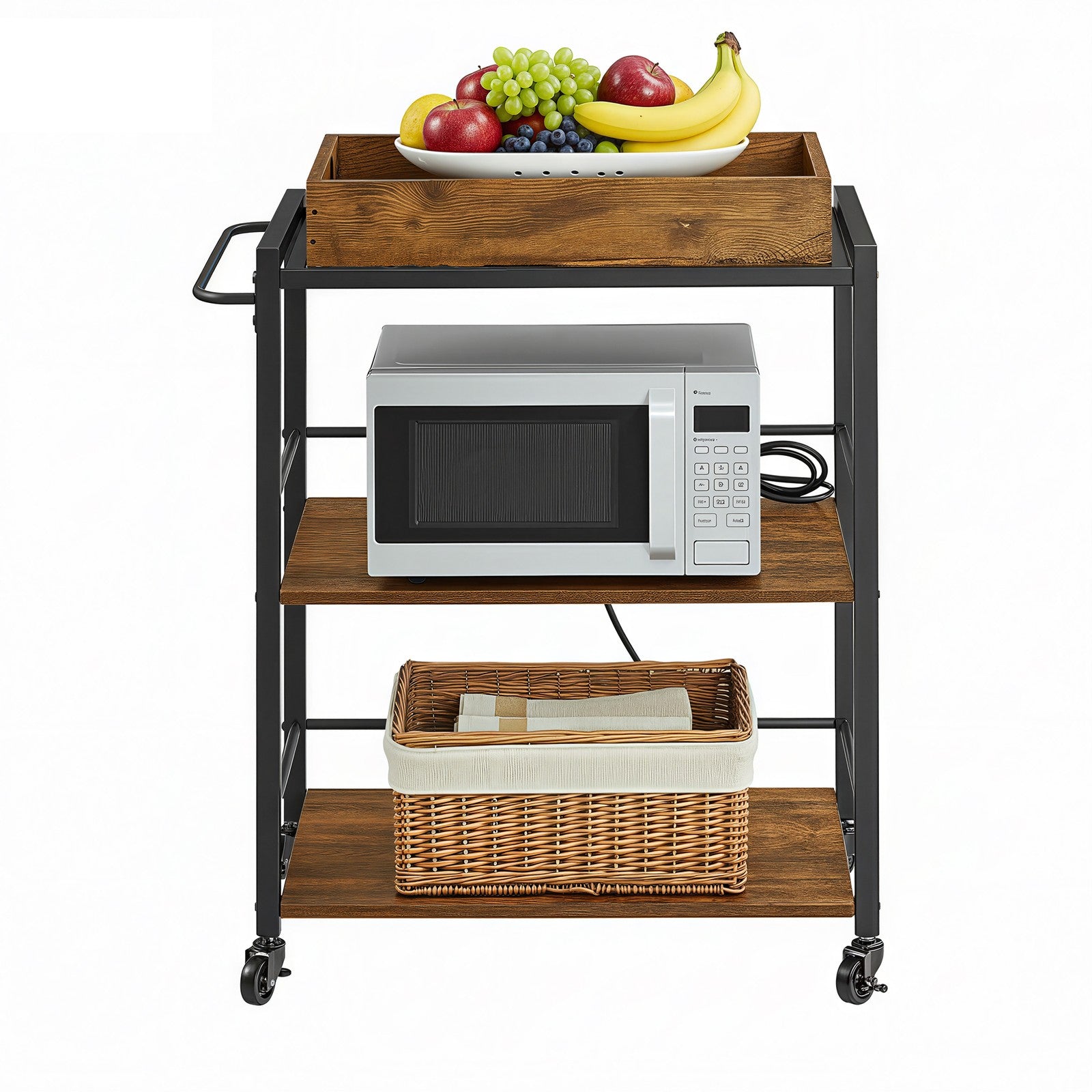 3-Tier Kitchen Trolley - Steel - Rustic Brown - Removable Serving Tray with Wheels and Brakes