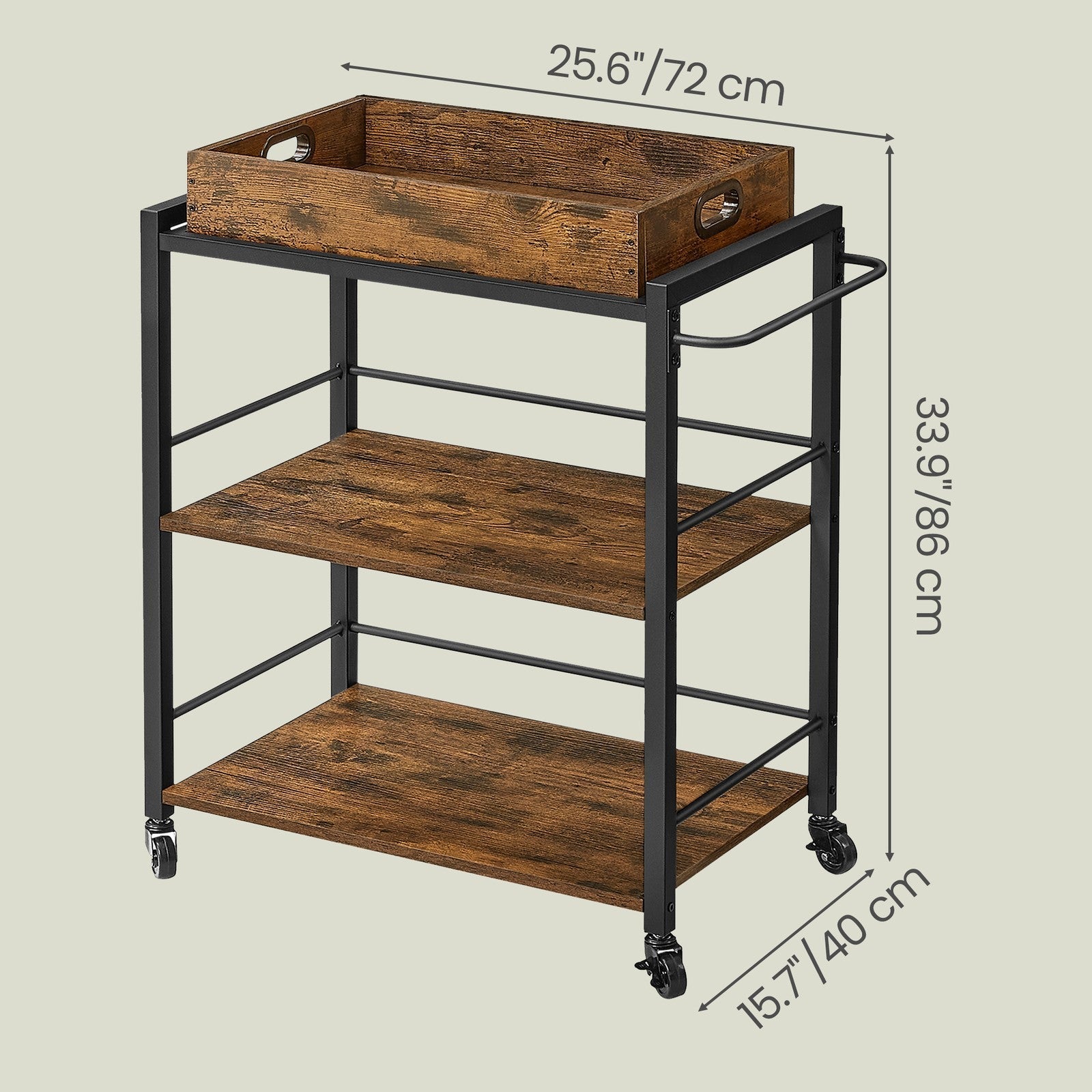 3-Tier Kitchen Trolley - Steel - Rustic Brown - Removable Serving Tray with Wheels and Brakes