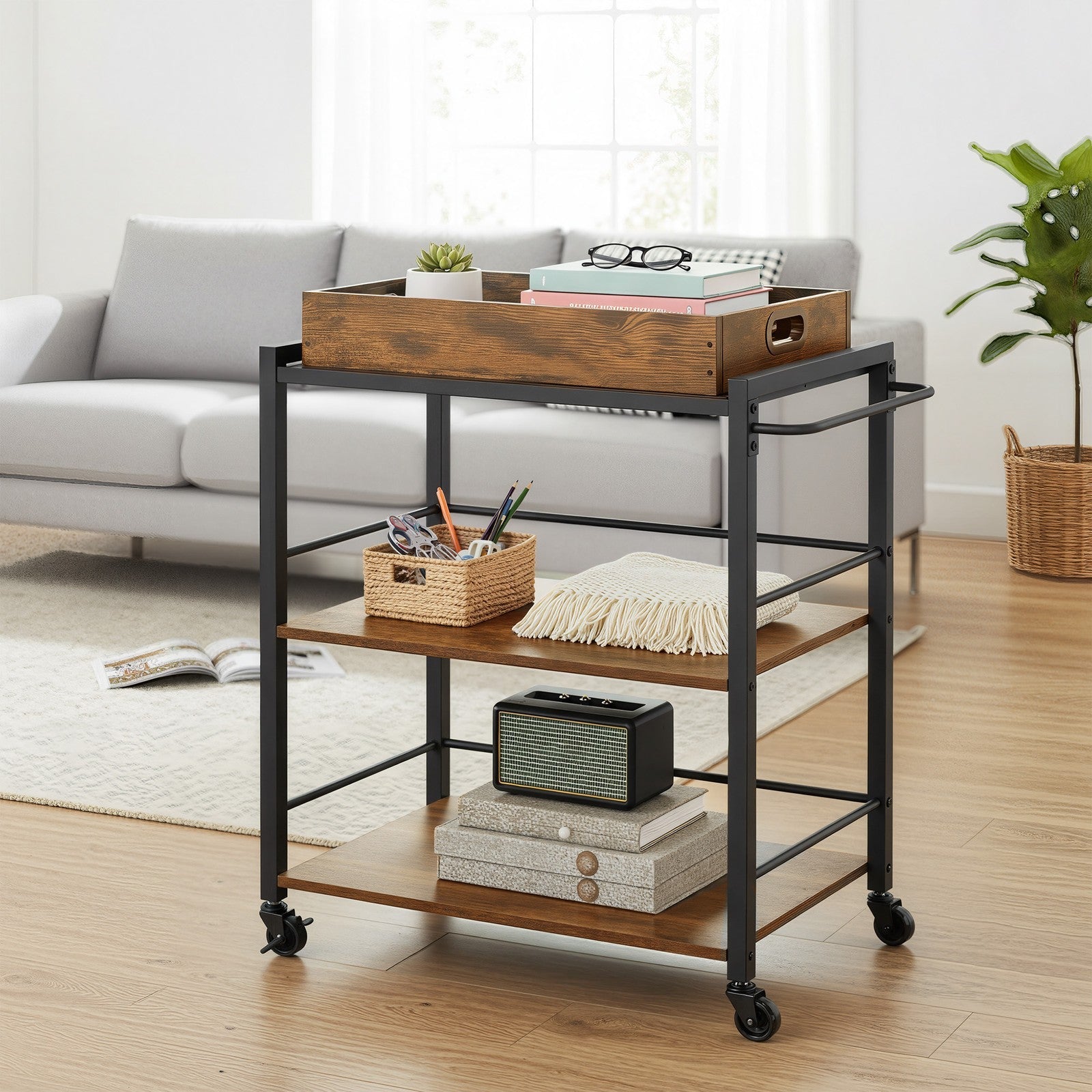 3-Tier Kitchen Trolley - Steel - Rustic Brown - Removable Serving Tray with Wheels and Brakes