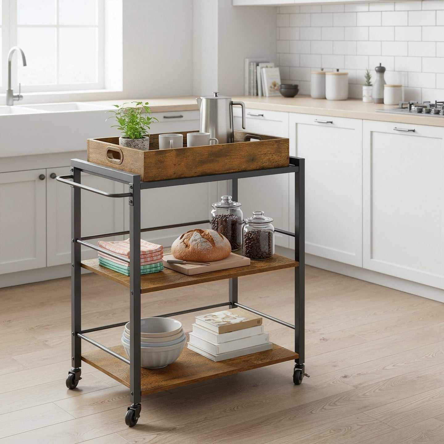 3-Tier Kitchen Trolley - Steel - Rustic Brown - Removable Serving Tray with Wheels and Brakes
