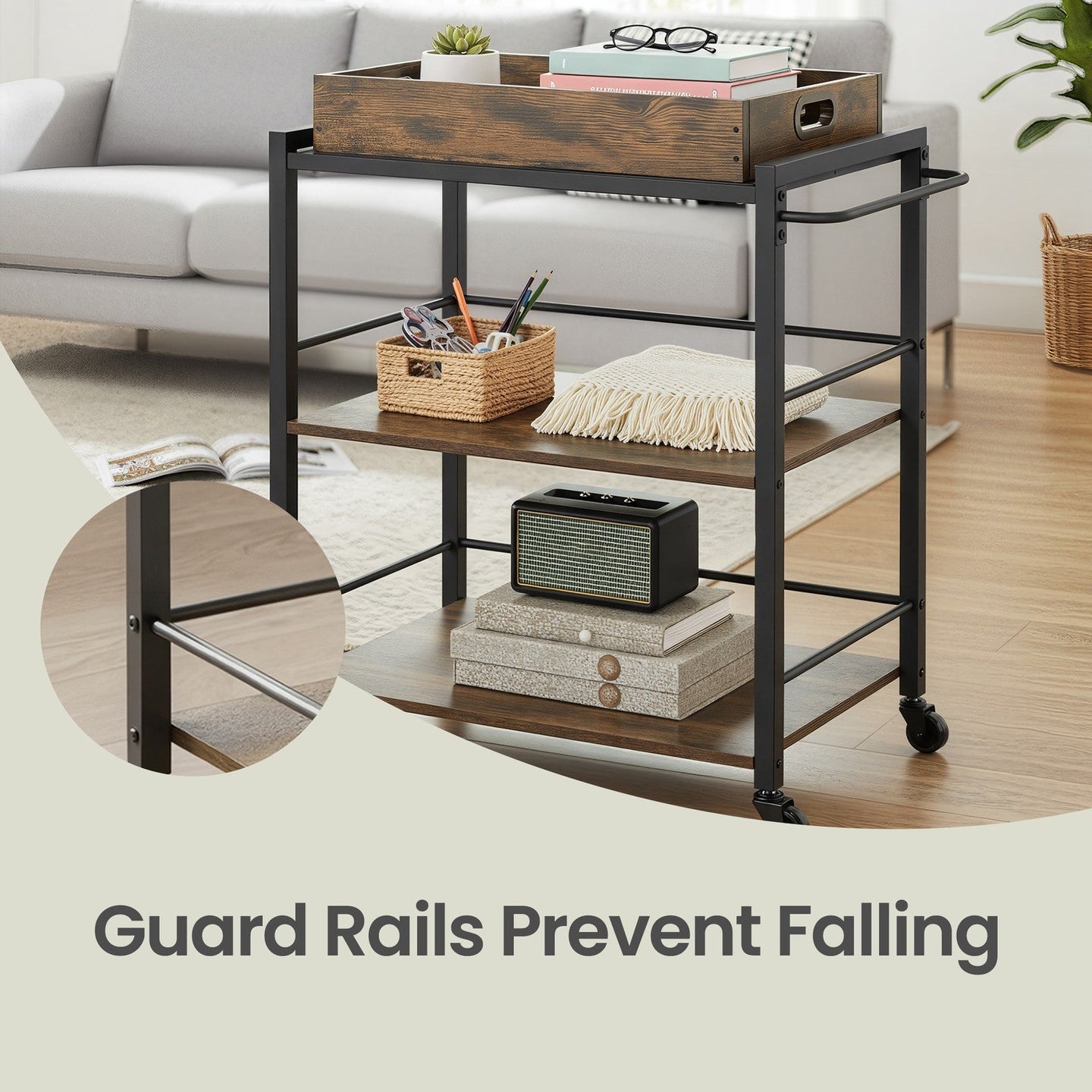 3-Tier Kitchen Trolley - Steel - Rustic Brown - Removable Serving Tray with Wheels and Brakes