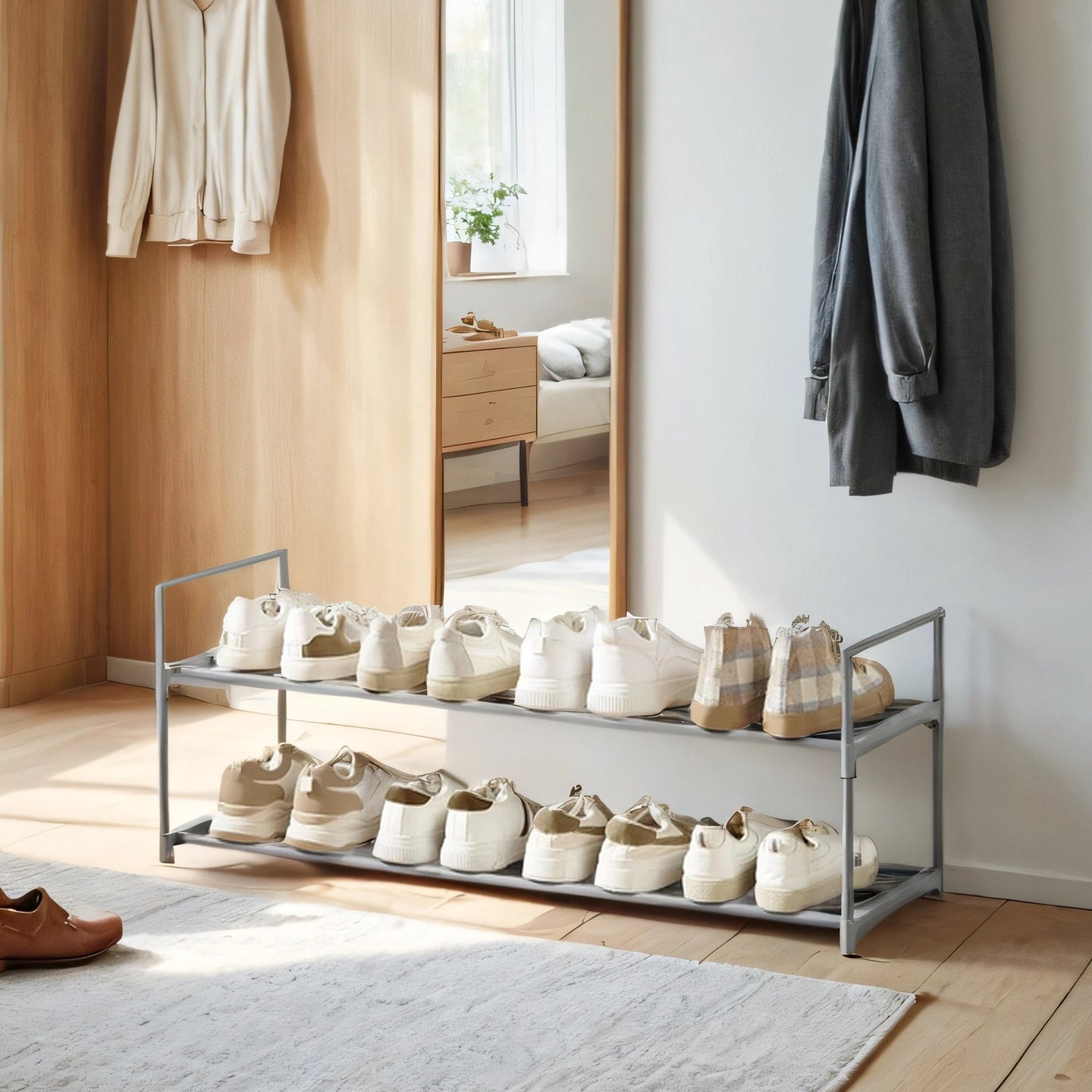 Shoe Rack - Metal - Gray - Stackable 2-Tier Organizer for 12-15 Pairs of Shoes