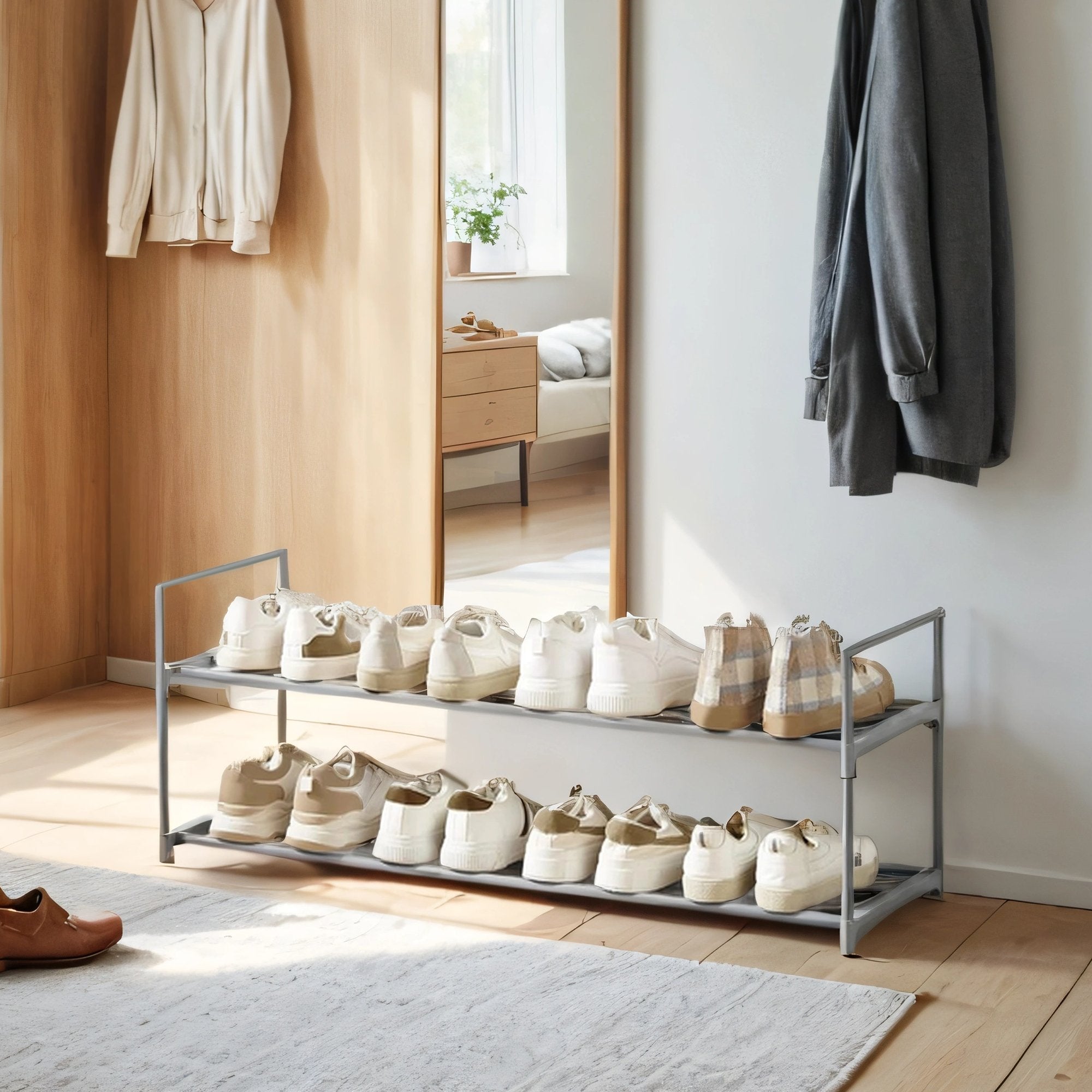 Shoe Rack - Metal - Gray - Stackable 2-Tier Organizer for 12-15 Pairs of Shoes