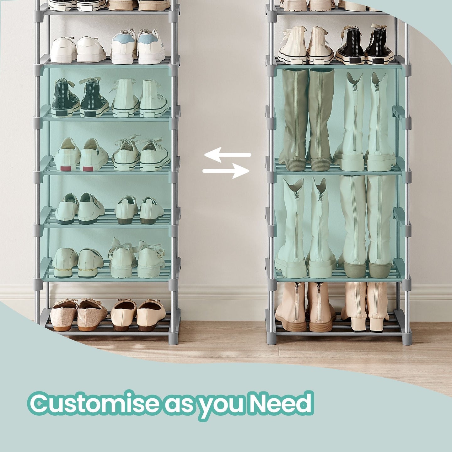 10-Tier Metal Shoe Rack - Grey - Customisable Design