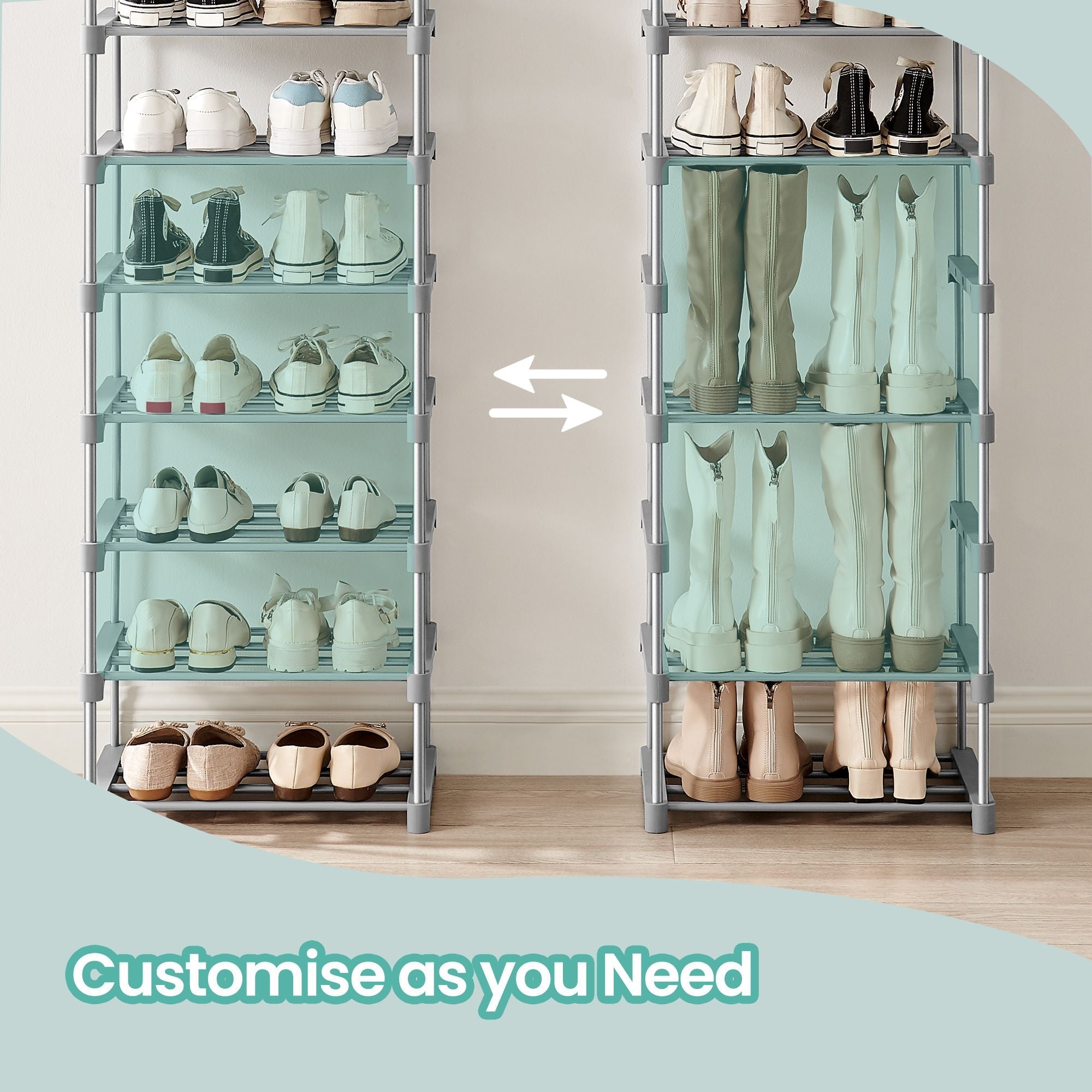 10-Tier Metal Shoe Rack - Grey - Customisable Design