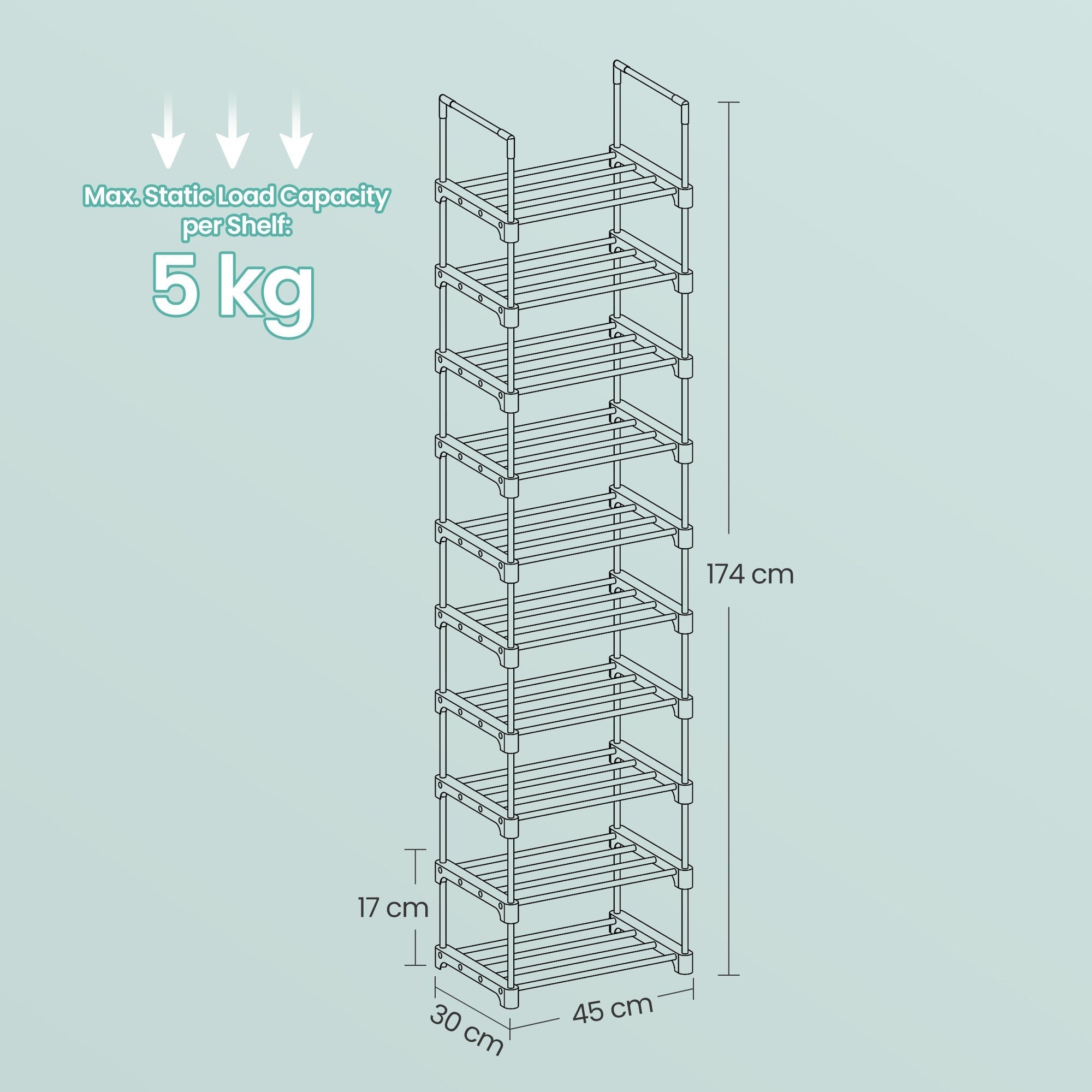 10-Tier Metal Shoe Rack - Grey - Customisable Design
